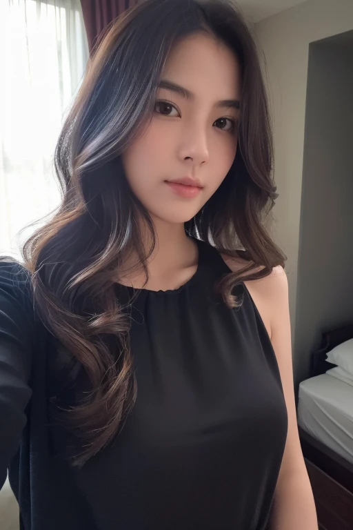 thick blasian girl she have a button nose big lips she have monolid eyes color dark black freckles she haves big boobs her waits is small her butt is thick her toes nails white wearing a black dress in the bathroom bangs hair