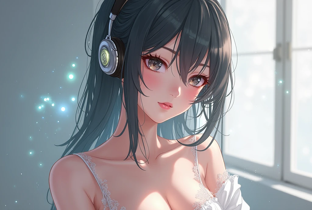 Asian boy, in thong back viewLong Hair, Blush, High Resolution, Hair Ribbon, Parted Lips, From Behind, Maid Headdress, Headphones, Headphones, Backlighting, Best Quality, Masterpiece, anime