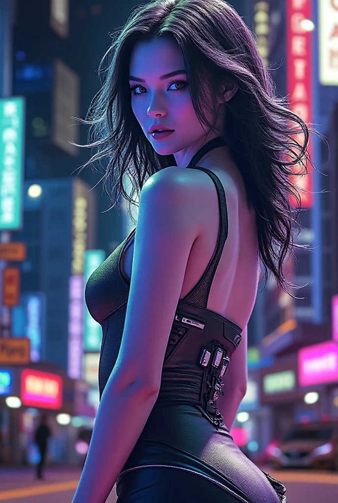 A beautiful european girl, on the roof of cyberpunk building, serious face, wearing purple medieval dress, jewelry, cleavage, full body. She is 24 years old, has black hair, long hair, curly hair and blue eyes. Her cloth is stylish and her overall appearance is stunning. The girl's face is extremely detailed with beautifully detailed lips. Her skin is anatomically correct with realistic textures. The image should have super high details and be of the best quality, with a resolution of 8K. The final result should be a masterpiece, showcasing the girl's beauty and the vibrant atmosphere of The cyberpunk city and the night