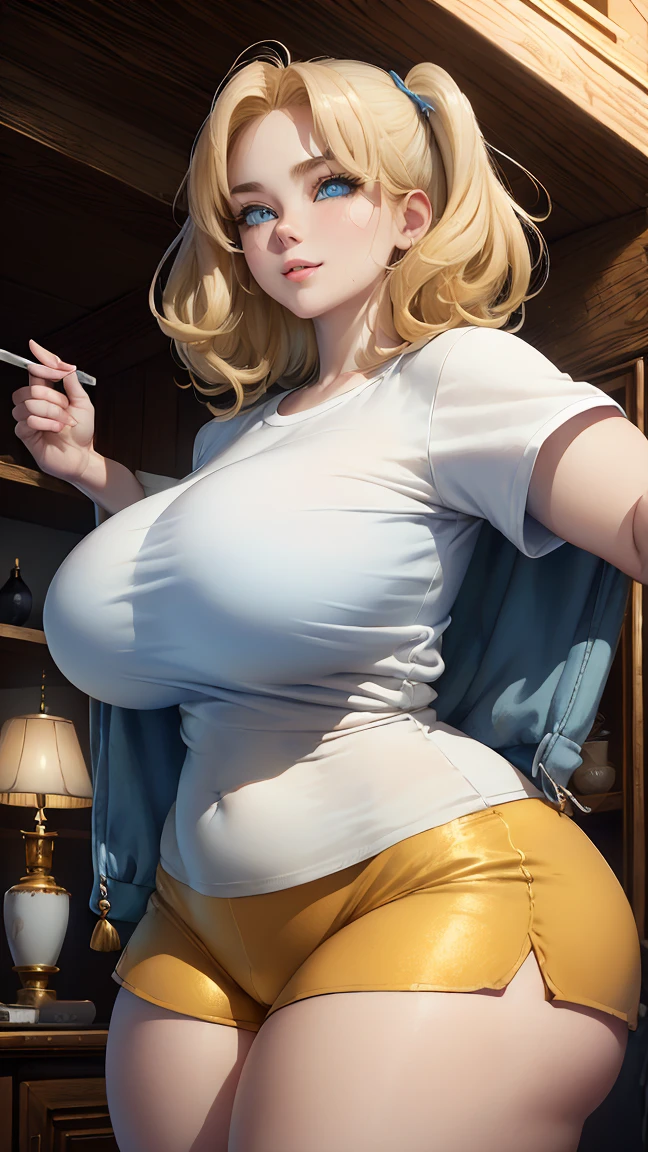 masterpiece, 1 girl, blonde hair with two ponytails, ((big breasts(1:2))), ((tight sweatshirt) , (short waffle skirt) , big hips, (((breasts fall out))), ((no bra)), nipples stick out on chest, Pointy nipples, plump lips, no panties, skirt up, legs spread, girl sits on a rubber penis, rubber dick inside a girl