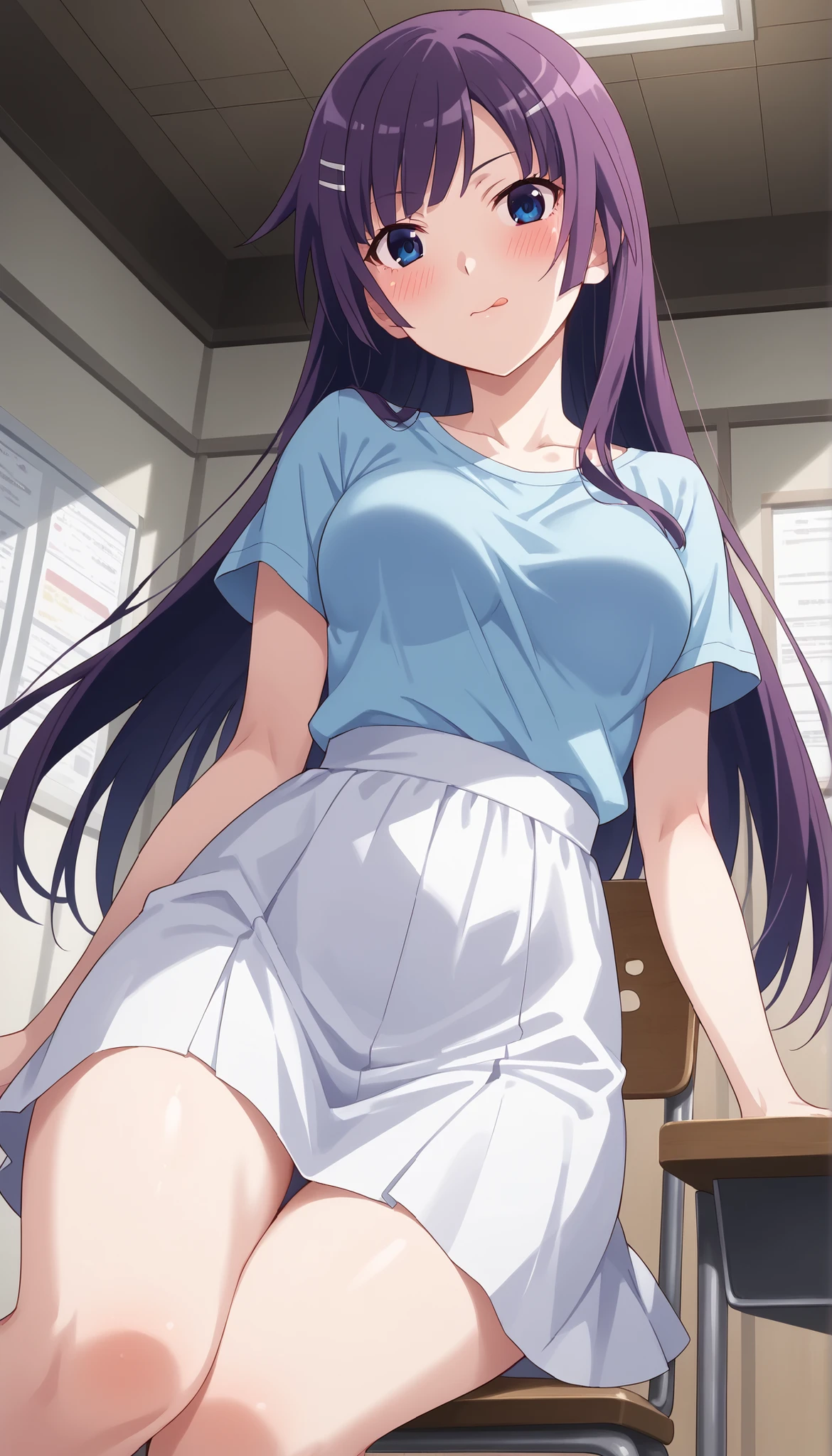 (((Ｍaster Peace))),(((High Quality))),(((Hitagi Senjougahara))),white skirt,light blue t-shirt from brown top,medium breasts,(((leg opening pose))),(((I have lacerations on my skin))),room,(((blush))),((chair in the left hand examination room)),purple hair,low angle,long hair,Ulchan-6500-v1.1, ( RAW photos :1.2), beautiful detailed, very detailed目 美しい目,beautiful eyes,Blue eyes,FILE SIZE IS LARGE, high resolution, very detailed, Highest Quality, [masterpiece:1.6], Awareness-raising, very detailed, CG, finely, Highest Quality, 8K wallpaper, perfect figure,very detailed,Slim and beautiful thighs,stick out my tongue