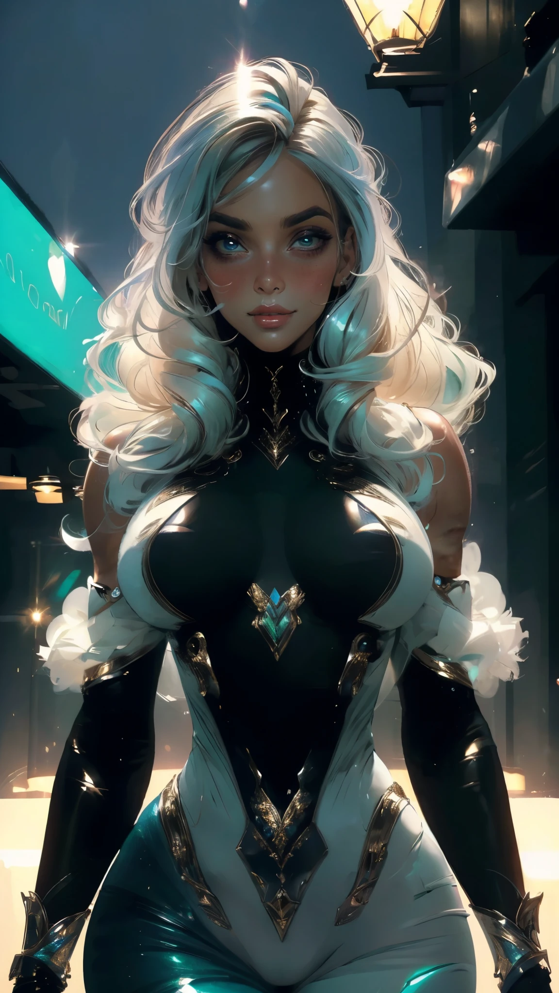 masterpiece, best quality, a beautiful woman with long shiny hair, choppy bangs, delicate face, passionate gaze, perfect smille, blush, seductive expression, tall and fit figure, perfect body, perfect skin, seductive pose, sexy Futuristic Technological Nanogel Clothing, the color scheme is primarily White with Green accents, this character embodies a finely crafted sexy beauty, exquisite and mature art style, mikoyan, anime aesthetic, simple shading, cell shading, goddess, feminine, exquisite photography, depth of field, bokeh, photorealistic, even and soft lighting on face, dramatic, high definition, highres, ultra detailed, professional photo, perfect body proportions, anatomically correct, symmetrical face, extremely detailed eyes and face, perfect eyes, high quality eyes, creativity, RAW photo, UHD, 32k, portrait lighting, cinematic lighting, (masterpiece-anatomy-perfect:1.2)