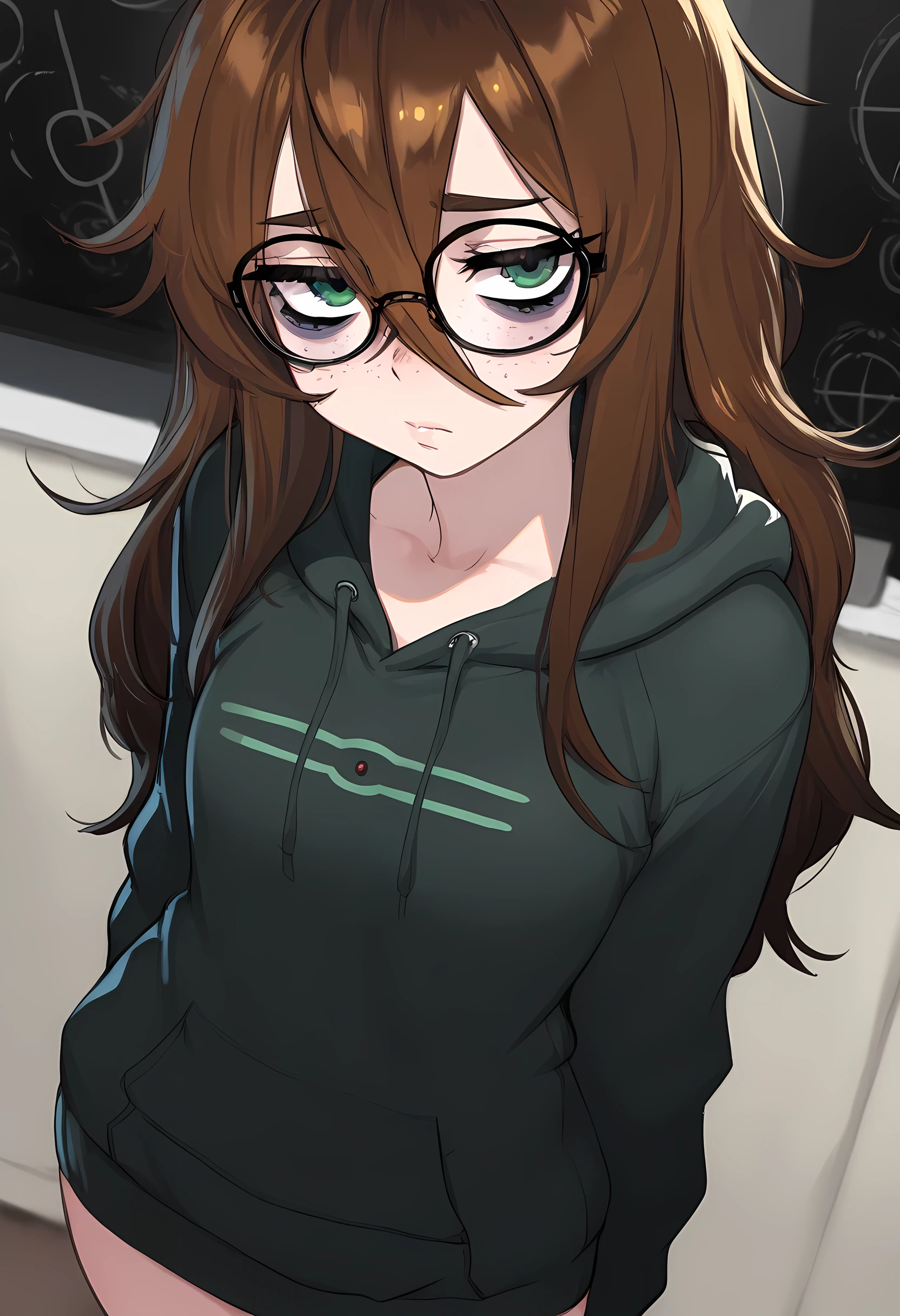 1girl, Masterpiece, Best Quality, High Details, High Quality, glasses, brown hair, freckles, green eyes, lean, long hair, hair between eyes, bags under eyes, nerd, hoodie, eyelashes, dark circles under eyes, cowboy shot angle