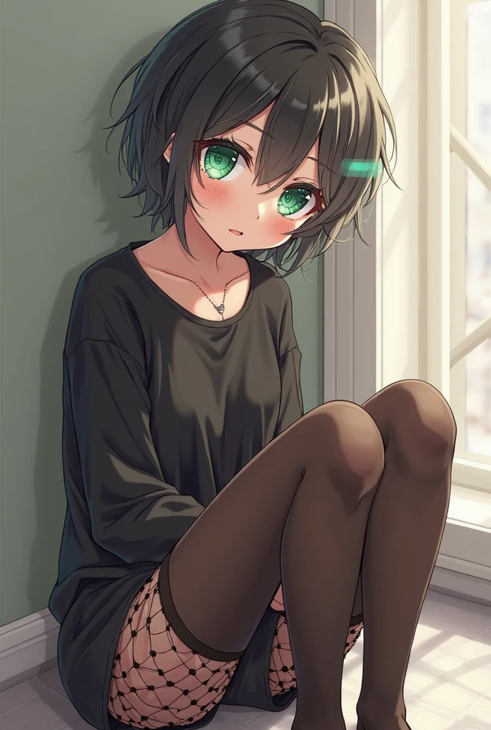 cinematic angle、wide angle lens、Children's room with sunlight、girl sitting on the sofa, smile、bangs、black short bob、cute girl、green eyes、Choker around the neck、 morning、Foliage plant、bookshelf