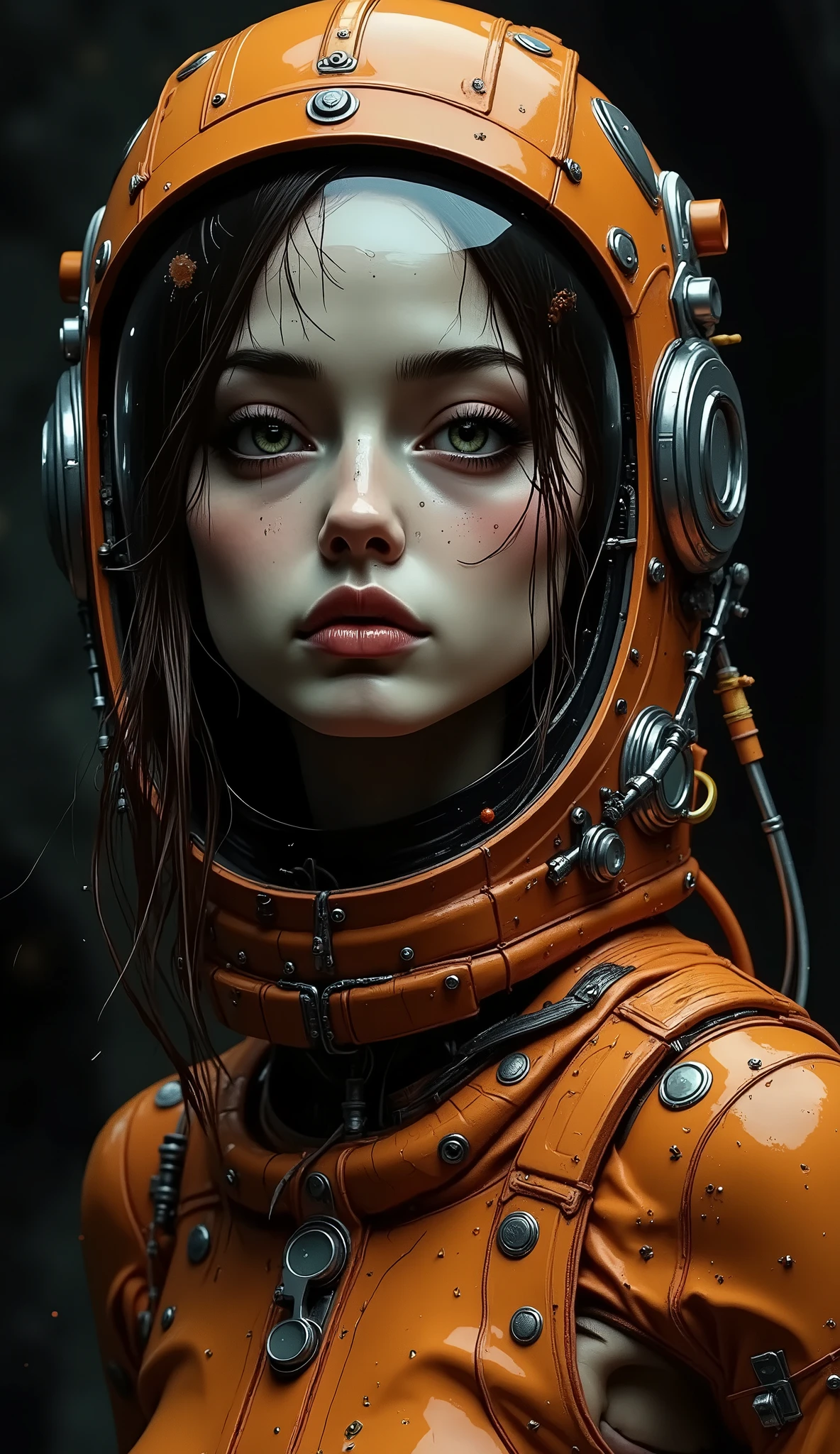 A close-up portrait of a young girl, probably in her early twenties, wearing a detailed, realistic orange space suit. The woman has fair skin. Her expression is serene and focused, her gaze slightly downcast. Her hair, medium brown, falls in loose waves around her face, some strands look damp. She has full lips painted in a rich reddish-orange color that complements her spacesuit. She has light gray-blue, expressive eyes that seem to reflect the light of the environment. The woman is wearing a cyber-futuristic glossy orange spacesuit with intricate details and seams, functional and elegant at the same time. The spacesuit is decorated with metal inserts in silver and gray shades. The texture of the suit looks smooth and reflective. The helmet is orange in color with a transparent visor, which partially reflects the environment. Drops of water or condensation are visible on the visor. Complex metal parts and hoses are attached to the suit, which creates a sense of adaptability and functionality. The environment resembles a dimly lit space station or spaceship with dark, almost black tones in the background. The feeling of dampness from condensation is subtle, but strongly reflected on the surface of the suit and the protective glass. The lighting is focused on the woman's face, creating a spectacular highlight of her features. The composition of the image focuses on the subject, and the close angle highlights the details. The style is semi-realistic cyber-futurism, it allows you to capture small details and realistic textures, while maintaining the feeling of cinematic drama. The atmosphere is both serene and powerful, which implies a desire for adventure and determination. The overall color palette highlights the orange tones of the suit and helmet with subtle, complementary shades of gray and dark tones in the background.Stylized, high-quality digital. High detail.