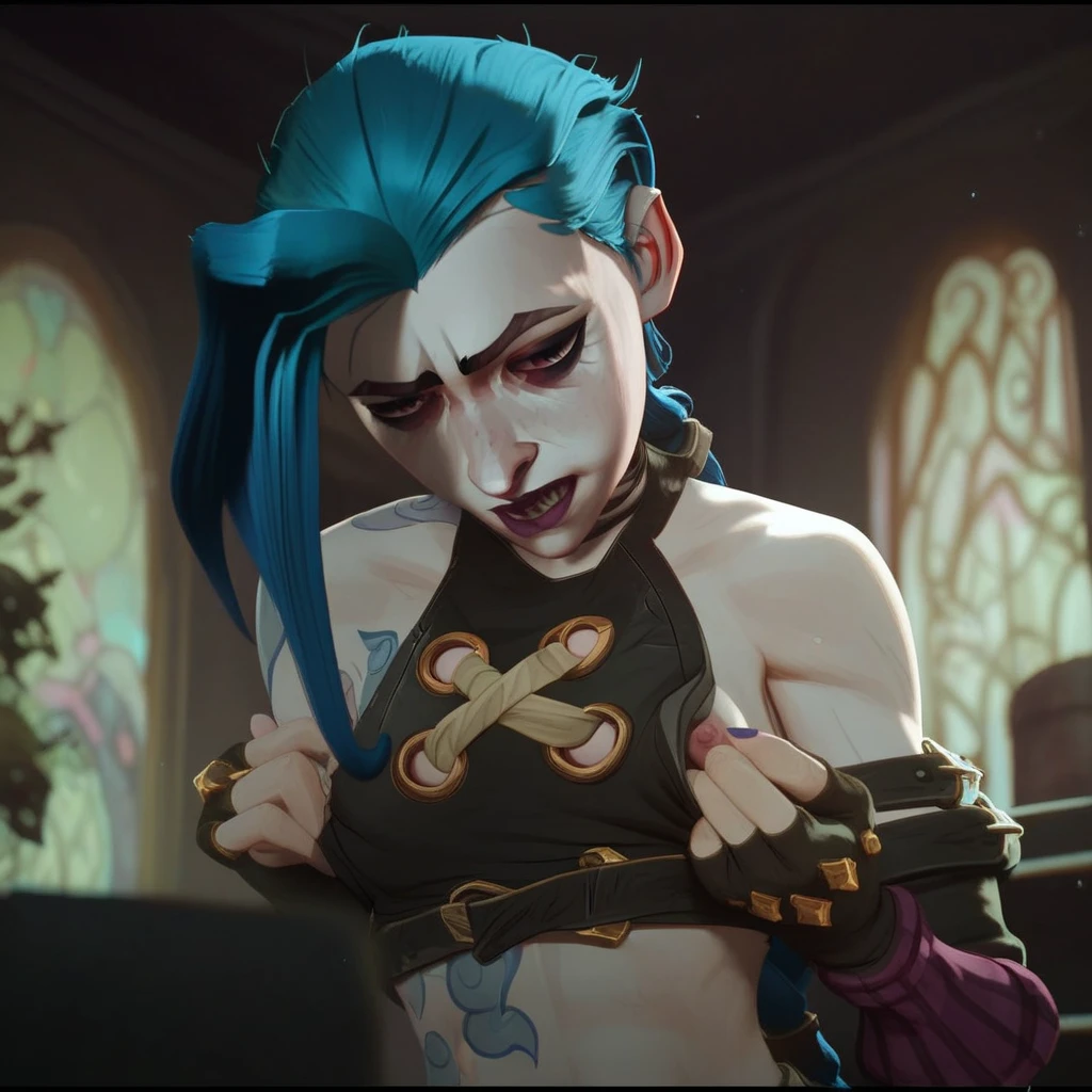 vibrant colors, POV Blowjob, jinx character design from arcane series, jinx outfit, on her knees, sucking a dick, giving blowjob, the dick is halfway in to her mouth