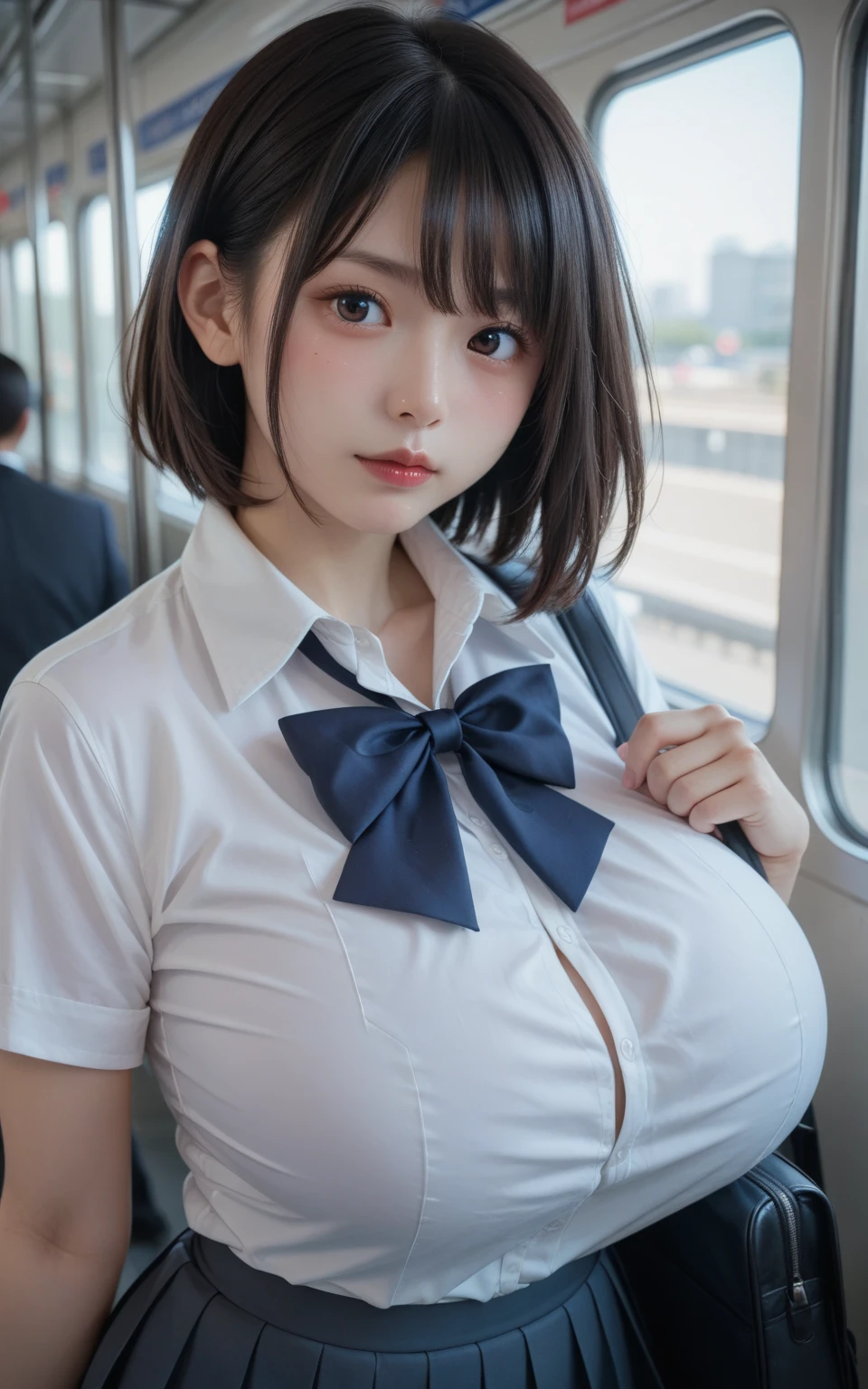 (8k, RAW Photos, highest quality, masterpiece:1.2), (Realistic, photo-Realistic:1.4), (Highly detailed 8k wallpaper), Sharp focus, Depth of written boundary, Boscinematic Lighting, Soft Light,Beautiful eyes in every detail,shiny smooth light brown Long Bob Hair, Asymmetrical bangs, Shiny skin, Highly detailed skin,High resolution, Attention to detail, Detailed hairstyle, Attention to detailFacial beauty, hyper Realistic, Perfect limbs, Perfect Anatomy ,1 Japanese girl,Famous Japanese Idols, Perfect female body, (Big Breasts:1.4),smile,short eyelashes,double eyelid,Long Bob Hair, (school uniform : 1.3), View Viewer, (Crowded street:1.3),Cowboy Shot