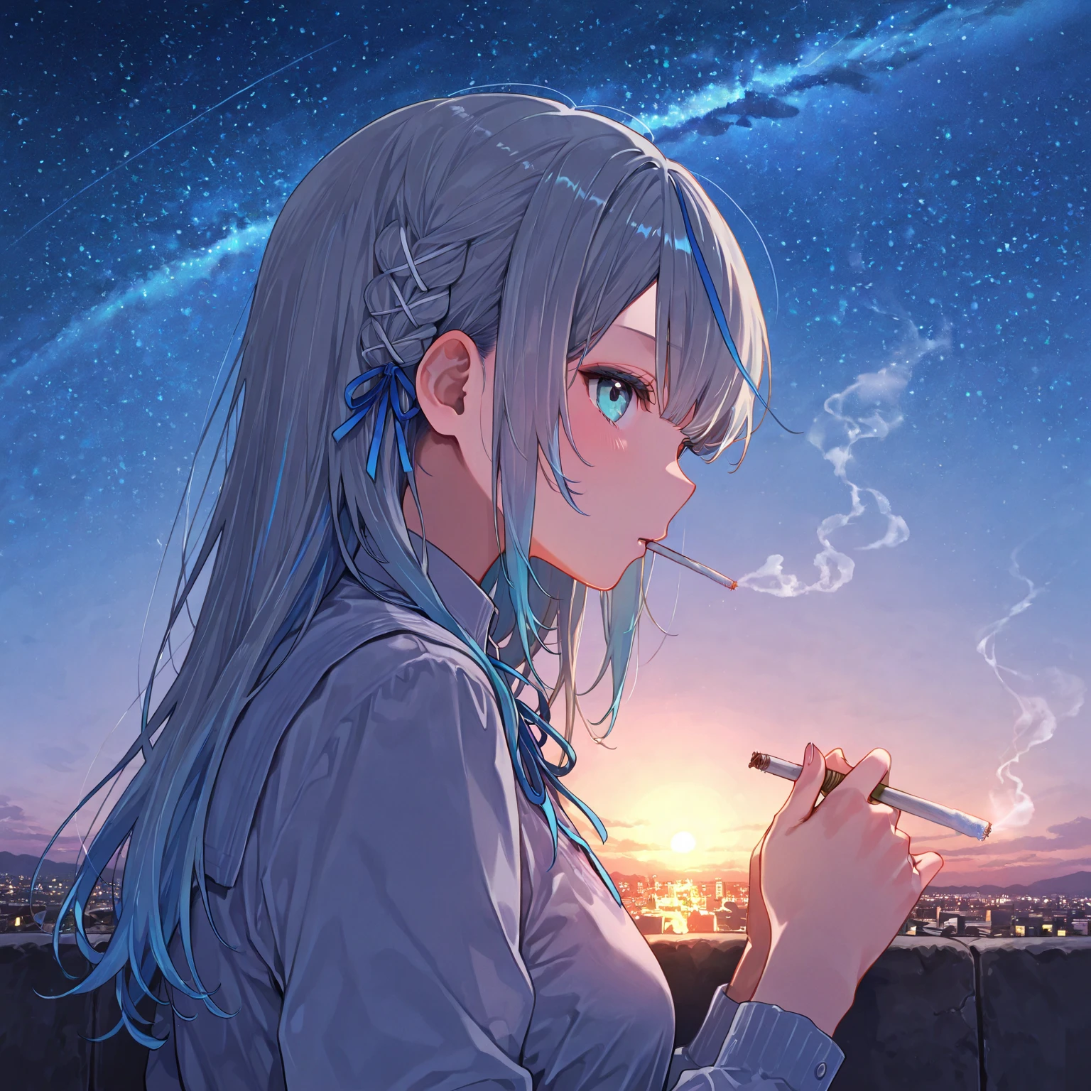 Smoking a cigarette by the window、Looking up at the night sky