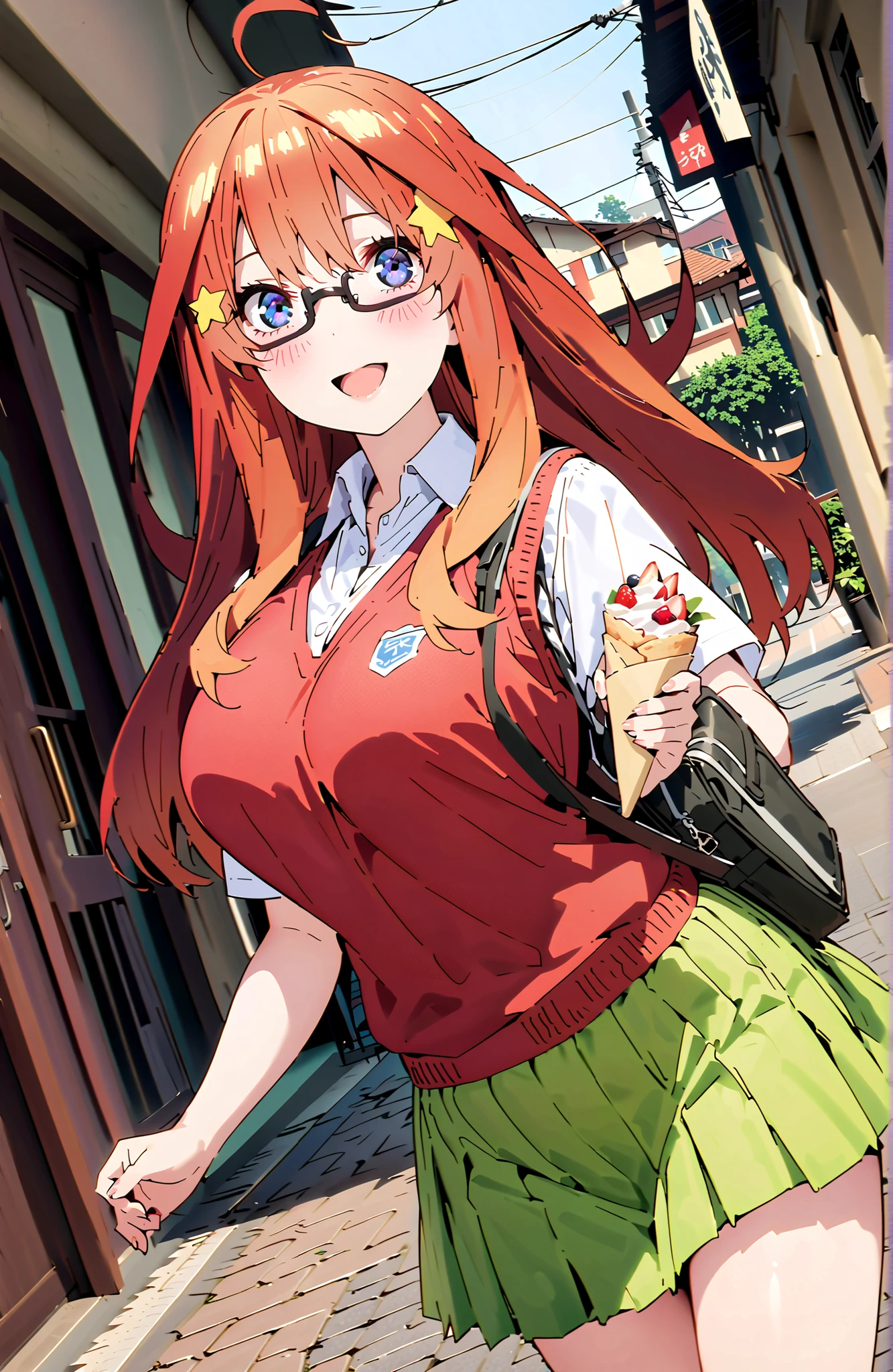 Nakano Mizuki , bungs, blue eyes, o, stupid hair, red hair, star \(symbol\), long hair,yellow hair accessories, star ヘアアクセサリー,black rimmed glasses,smile,blush,open your mouth,Big Breasts,
in their 40s skirt, shirt, uniform, clavicle, white shirt, Short sleeve, pleated skirt, collared shirt, Mini Skirt, white high socks, (green skirt:1.5), sweater vest, (red sweater vest:1.5),loafers,student bag on the bench holding a crepe in one hand,walking,Student bag 1 :1,noon, Beautiful Streetscapes,noon,angle from below,so that the whole body is in the illustration,
in their 40s indoors,garden,
in their 40s (masterpiece:1.2),Highest Quality ,Kampala,unity 8k 壁紙,(shape:0.8),( fine and beautiful eyes :1.6),It's a person ,full body photo,CG Details , (perfect hand in h,complete anatomy),