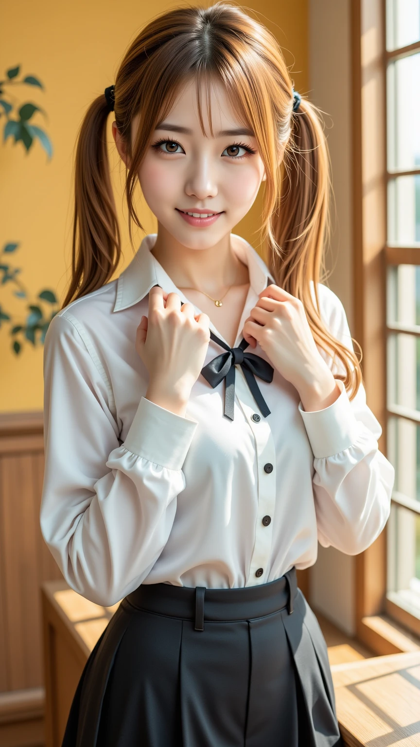 ((sfw: 1.4)), (( detailed face, cute face, detailed face, professional photography)), (((arms down) , (hands down) , master piece , best quality , highly detailed , standing , blouse, skirt , bangs ,( smile : 1.2), room , indoor)), (( Shiny platinum blonde silk hair, beautiful shiny bangs, big clear sky blue eyes, very beautiful bright eye highlights, 1 Girl)), Ultra High Resolution, (Realistic: 1.4), RAW Photo, Best Quality, (Photorealistic Stick), Focus, Soft Light, ((15 years old)), (( (young face))), (surface), (depth of field), masterpiece, (realistic), woman, bangs, ((1 girl))