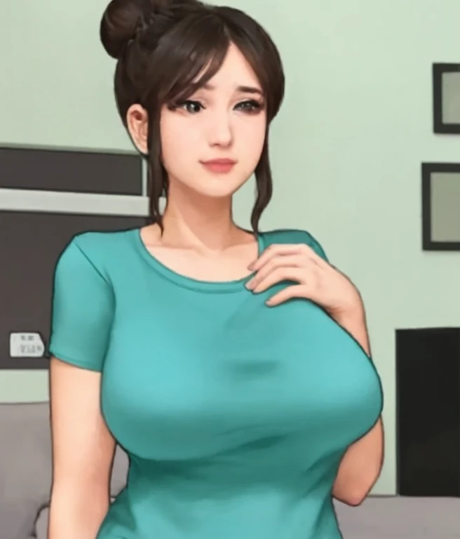 masterpiece,best quality,absurdres,photorealistic,mature female,sagging breasts,<lora:caiyun:0.6>,brown_hair,long_hair,brown_eyes,large_breasts,cleavage,collarbone,((crop top, underboob)),yoga pants,