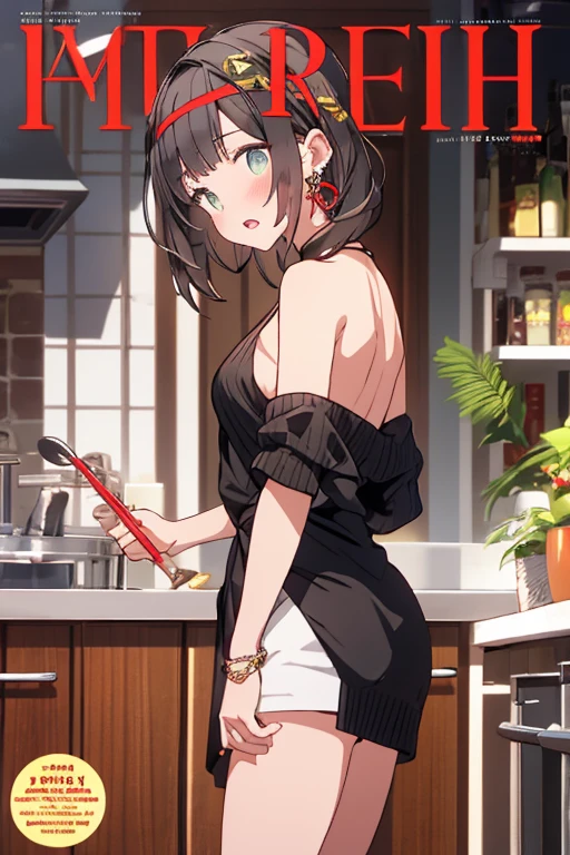 (small breasts:1.3), (perky chest:1.1), (pointed chest:1.0), (fashion magazine cover:1.3),(from below:1.0),(from side:0.9),masterpiece, 1girl, Amazing Cleavage:1.1, thin waist, big ass, Raised sexy, small breast: 1.3, posed cleavage:1.2、solo, looking at viewer, open mouth, have a cute grass of cute beergrass,black hair, dark green eyes, dress, bare shoulders, jewelry, collarbone, sidelocks, hairband, earrings, indoors, off shoulder, :o, sweater, arms behind back, plant, short hair with long locks, gild hairband, off-shoulder dress, sweater dress, off-shoulder sweater, red sweater, dark gord hair, big side hair, very long side hair,is rendered in (masterpiece: 1.2, best quality), with (ultra high resolution) and an exquisite (depth of field). This masterpiece is not only visually stunning but also tells,A scene of cooking in the kitchen by classroom