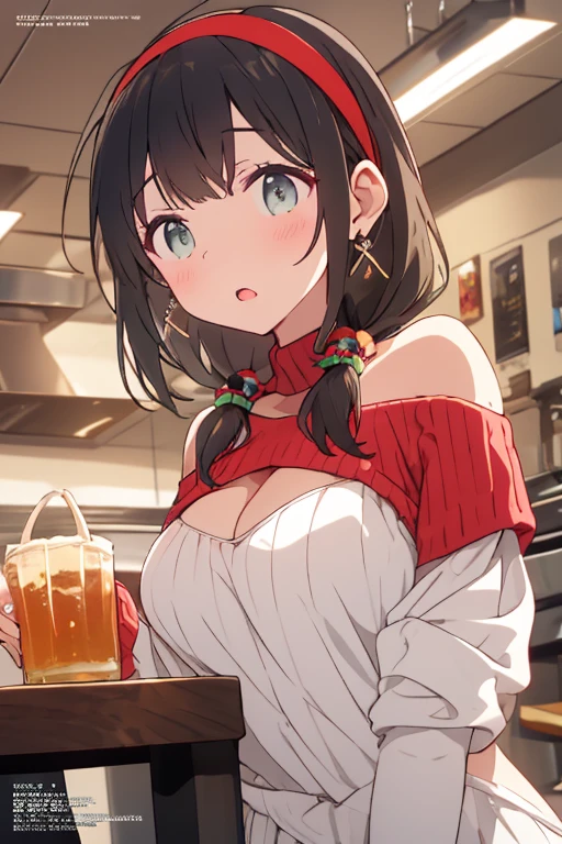 (small breasts:1.3), (perky chest:1.1), (pointed chest:1.0), (flowers magazine cover:1.3),(from above:1.2),(from side:0.9),masterpiece, a 18yo girl, Amazing Cleavage:1.1, thin waist, big ass, Raised sexy, small breast: 1.3, posed cleavage:1.2, open mouth, have a cute grass of cute beergrass,black hair, dark green eyes, dress, bare shoulders, jewelry, collarbone, sidelocks, hairband, earrings, indoors, off shoulder sweater:1.1, arms behind back, plant, short hair with long locks, gild hairband, off-shoulder dress, sweater dress, off-shoulder sweater, red sweater, dark gord hair, big side hair, very long side hair,is rendered in (masterpiece: 1.2, best quality), with (ultra high resolution) and an exquisite (depth of field). This masterpiece is not only visually stunning but also tells,A scene of cooking in the kitchen by classroom,looking at viewer,