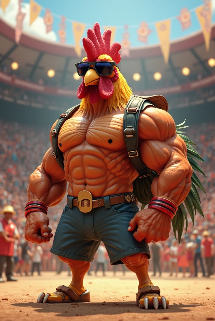 rooster bird in the spotlight, muscular, puffed chest, open black vest, black tattoo, in a soccer stadium, bambi animal, running in front, cheering in the background, black smoke in the air