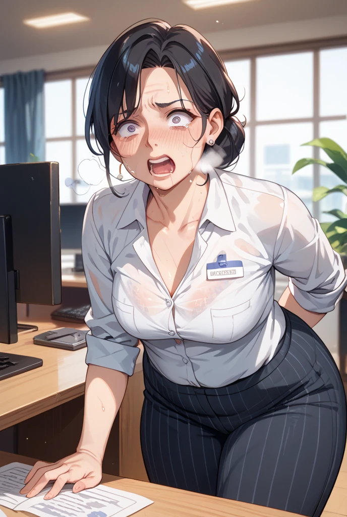 masterpiece, best quality, miss pauling, glasses, purple shirt, pencil skirt, pantyhose, cowboy shot, looking at viewer, blood splatter on clothes, smile, closed mouth, office <lora:misspauling-nvwls-v2-000010:0.9>