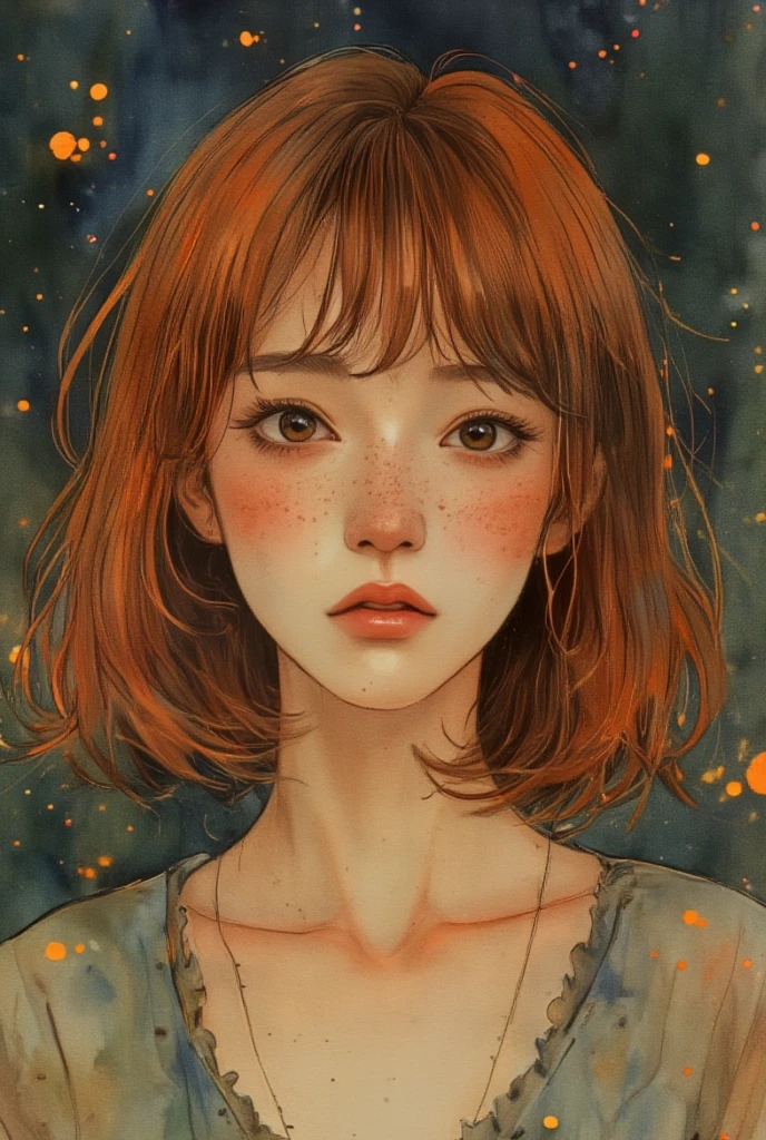 asian woman 25yo, Ginger head, crushes, Horror, watercolor sketch in artistic style, large strokes, finalized with ink, fine lines