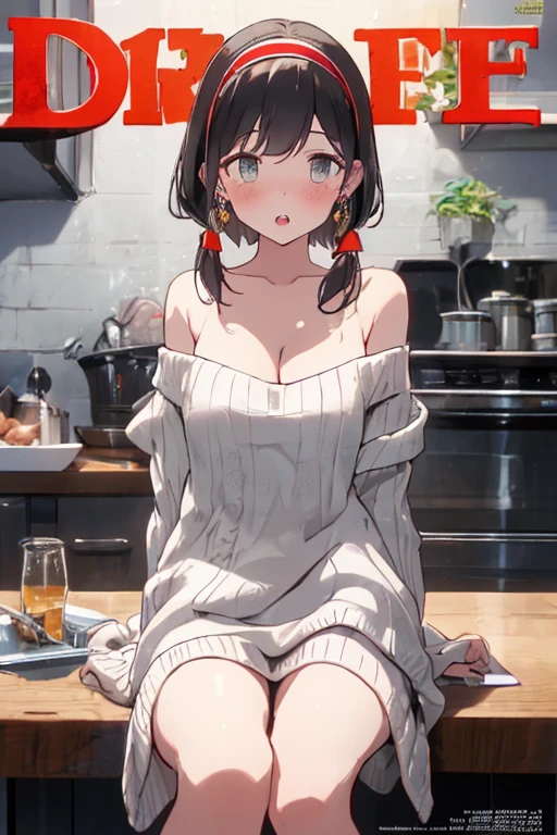 (small breasts:1.3), (perky chest:1.1), (pointed chest:1.0), (vegitable magazine cover:1.3)，(from below:1.2),(from side:0.9),masterpiece, a 18yo girl, Amazing Cleavage:1.1, thin waist, big ass, Raised sexy, small breast: 1.3, posed cleavage:1.2, open mouth, have a cute grass of cute beergrass,black hair, dark green eyes, dress, bare shoulders, jewelry, collarbone, sidelocks, hairband, earrings, indoors, off shoulder sweater:1.1, arms behind back, plant, short hair with long locks, gild hairband, off-shoulder dress, sweater dress, off-shoulder sweater, red sweater, dark gord hair, big side hair, very long side hair,is rendered in (masterpiece: 1.2, best quality), with (ultra high resolution) and an exquisite (depth of field). This masterpiece is not only visually stunning but also tells,A scene of cooking in the kitchen by classroom,looking at viewer,
