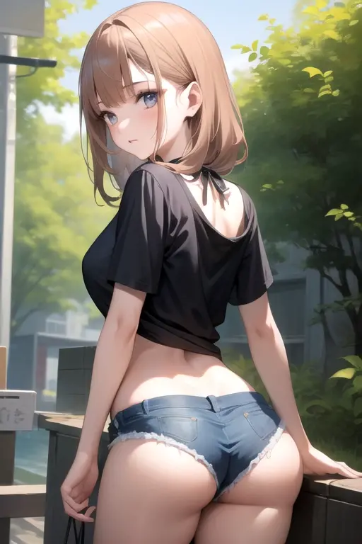 highest quality、masterpiece、High resolution、1 girl, denim shorts, long shirt, T-shirt, butt, 
Kitagawa Marin,, masterpiece, highest quality, very detailed,In town