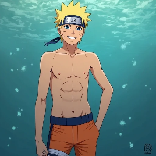Naruto, shirtless, swim briefs, muscle growth, swimming, boy,