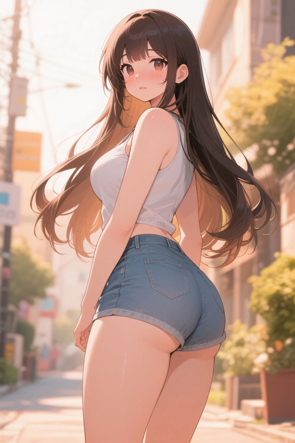 (8K, Live shooting, best quality, muste piece: 1.2), High-definition RAW color photo, Professional photography, cinematic light, ((1 girl)), focus on butt, (Low - Angle:1.2), super cute face, (black long hair), smile, Gorgeous body, glossy lips, slender body, big breasts, small butt, ((T-shirt, denim shorts, )), with your back turned:1.5, Are standing:1.2, Turn around pose, natural makeup, long eyelashes, shiny hair, asymmetrical bangs, tanned skin, pretty face, beautiful detailed eyes, beautiful body, beautiful chest, beautiful thighs, beautiful legs, (((clean fingers, 5 fingers on hand, five fingers))), (((flower garden, garden))), central image, high resolution, high detail, detailed hairstyle, detailed face, epic movie lighting, lively, hyper real, perfect limbs, perfect ???????, anatomically correct,