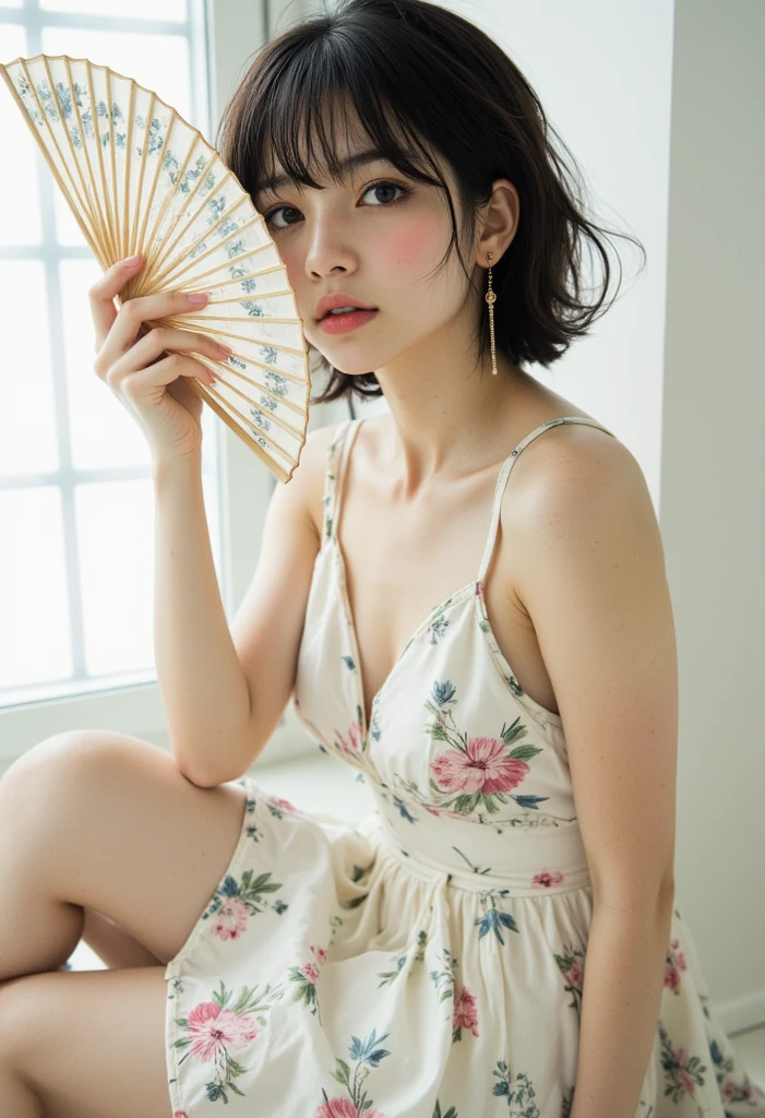 (((Highest quality,Very detailed,masterpiece,Very detailed))) ,(((Please bend your knees))),loose breast,See through,camisole,one piece,barefoot,One Girl,Realistic,Lying down,Bedroom、Looks sleepy