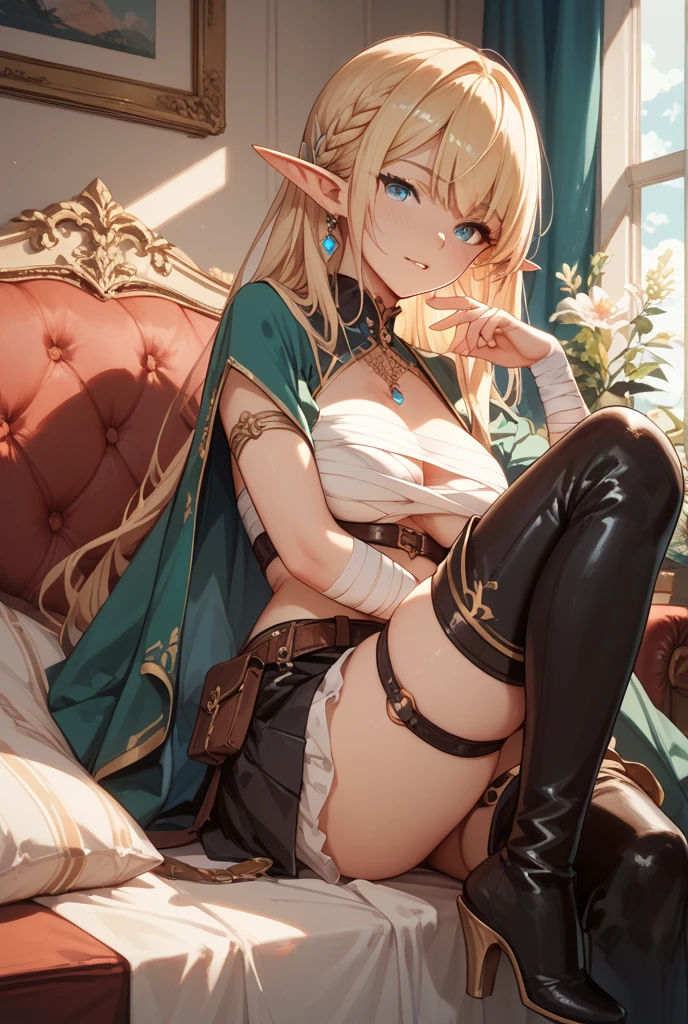 Elf, anime, woman, thick thighs, playing games, on phone, looking at viewer