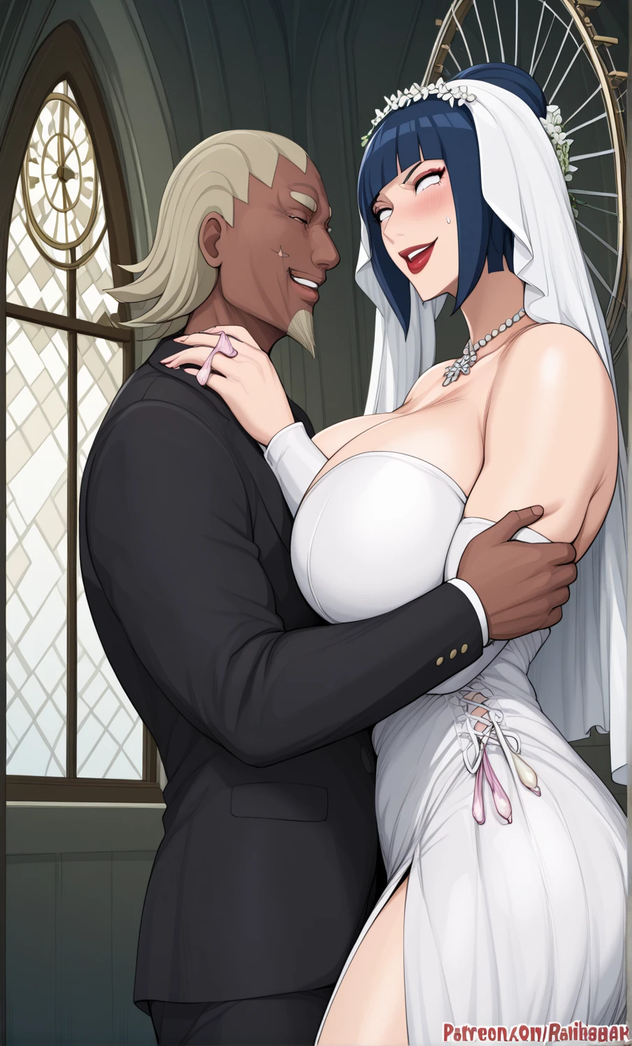((highest quality)), ((masterpiece)), (detailed), (Perfect Face)、The woman is Shinobu Kochou and has purple hair.、(Wear a gorgeous, voluminous, shiny purple see-through wedding dress, a purple see-through wedding veil, and a purple see-through wedding cape.、She wears jeweled earrings and necklaces, bracelets and ankles, jeweled waist chains and head dress chains, a gorgeous, open, detachable, see-through dress skirt, purple shiny high heels, and a gorgeous engagement ring.)、(At the wedding hall, she hugs a man in a tuxedo with a smile, holds the wedding ceremony at a church, and kisses him deeply in a vow to pledge eternal love and loyalty to him.)、((The woman embraces the man tightly and shares a deep kiss, pledging her eternal love and loyalty to him.))