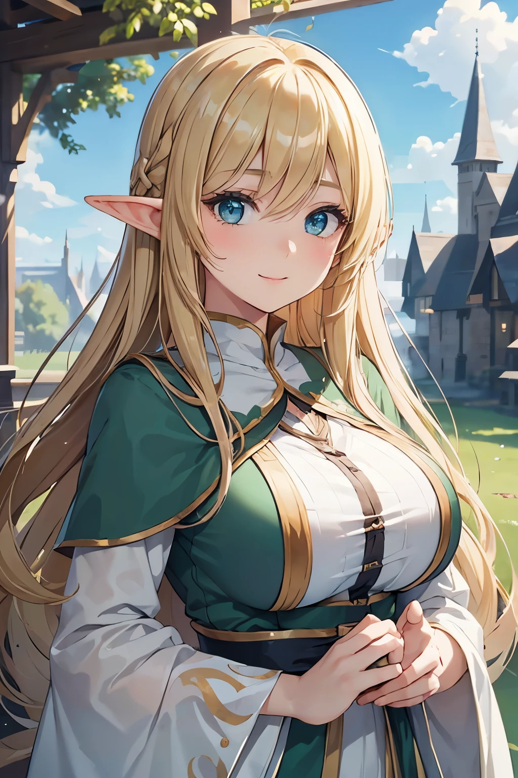  masterpiece, best quality, high resolution, girl, blonde Hair, green eyes, (big round anime eyes), (long eyelashes), (cute style), long hair, big breasts, elven robe, elf, [Smile]、glass、blue sky、hand up
