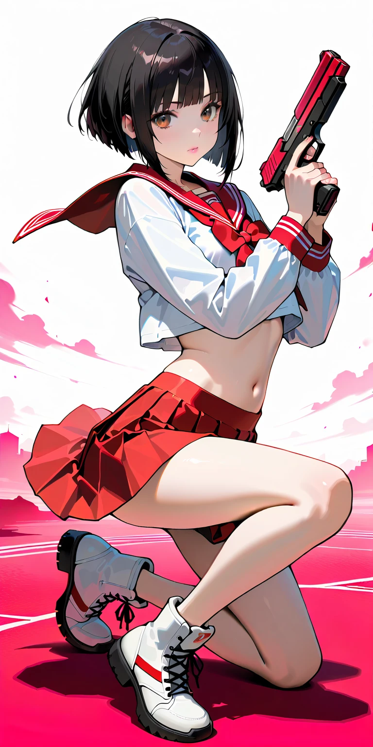 using pantimedies, wavy black hair, piercing look with deep red eyes, average stature, Silky hair with a ponytail hairstyle collected with a red bow with two white lines, with clothes, has a vagina, has breasts, cup of breasts, small breasts, slim, foreground, Session, sitting in her room, standing in his room, wearing pantyhose, using pantimedies, Picardias, short skirt, shoes, blouse with straps, blush, opening her legs making her panties visible, open legs, perfect white panty, Skirt fluttering in the wind, grabbing the skirt with both hands, from below