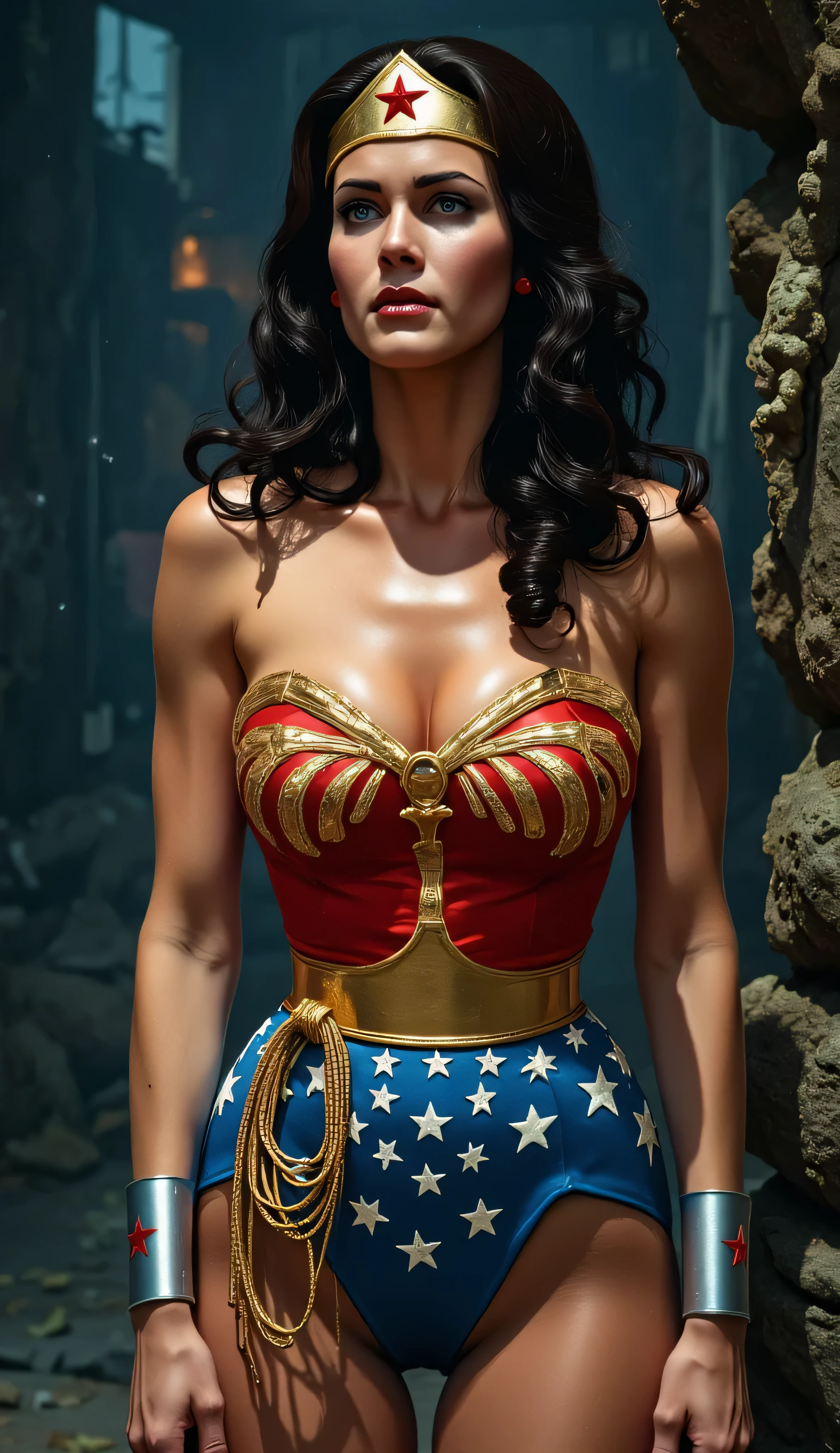 Full-body portrait of Wonder Woman (Lynda Carter style), captured in peril or danger-themed scenarios, cinematic lighting, ultra-detailed costume with red bustier, golden eagle emblem, blue star-spangled shorts, silver bracelets, and glowing lasso. Situations vary: chained in a dark dungeon with dramatic shadows, caught in a magical trap in a glowing ancient temple, restrained by high-tech energy cuffs in a futuristic sci-fi lab, underwater struggling against glowing tentacles, or bound by vines in a mystic jungle ruin. Emphasize her expression of determination or surprise, dynamic and dramatic posing, ultra-detailed textures (satin, leather, metal), realistic skin and lighting, high-resolution 4K, HDR quality, cinematic realism, fantasy realism, by Alex Ross and Artgerm style fusion.