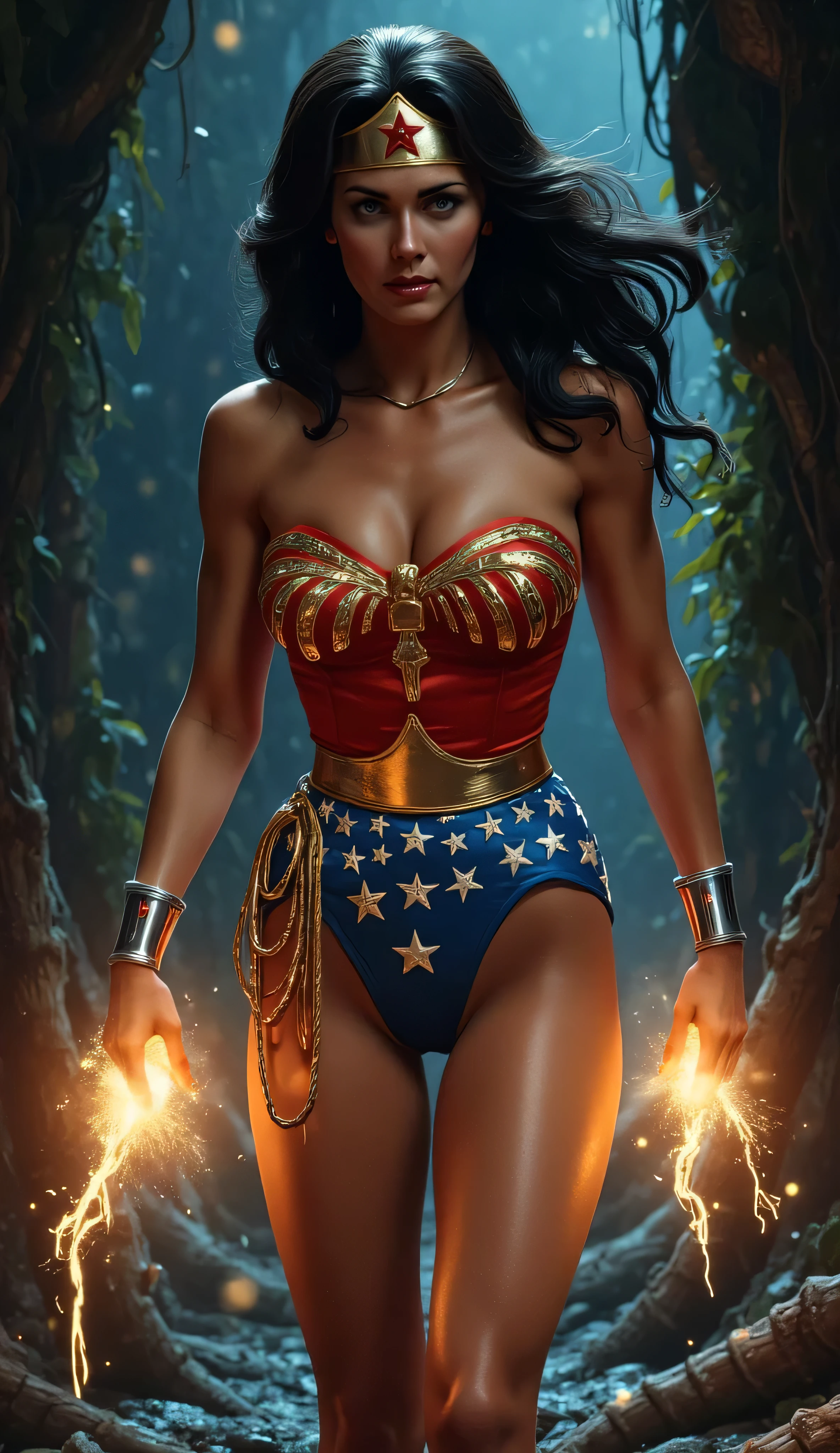 Full-body portrait of Wonder Woman (Lynda Carter style), captured in peril or danger-themed scenarios, cinematic lighting, ultra-detailed costume with red bustier, golden eagle emblem, blue star-spangled shorts, silver bracelets, and glowing lasso. Situations vary: chained in a dark dungeon with dramatic shadows, caught in a magical trap in a glowing ancient temple, restrained by high-tech energy cuffs in a futuristic sci-fi lab, underwater struggling against glowing tentacles, or bound by vines in a mystic jungle ruin. Emphasize her expression of determination or surprise, dynamic and dramatic posing, ultra-detailed textures (satin, leather, metal), realistic skin and lighting, high-resolution 4K, HDR quality, cinematic realism, fantasy realism, by Alex Ross and Artgerm style fusion.