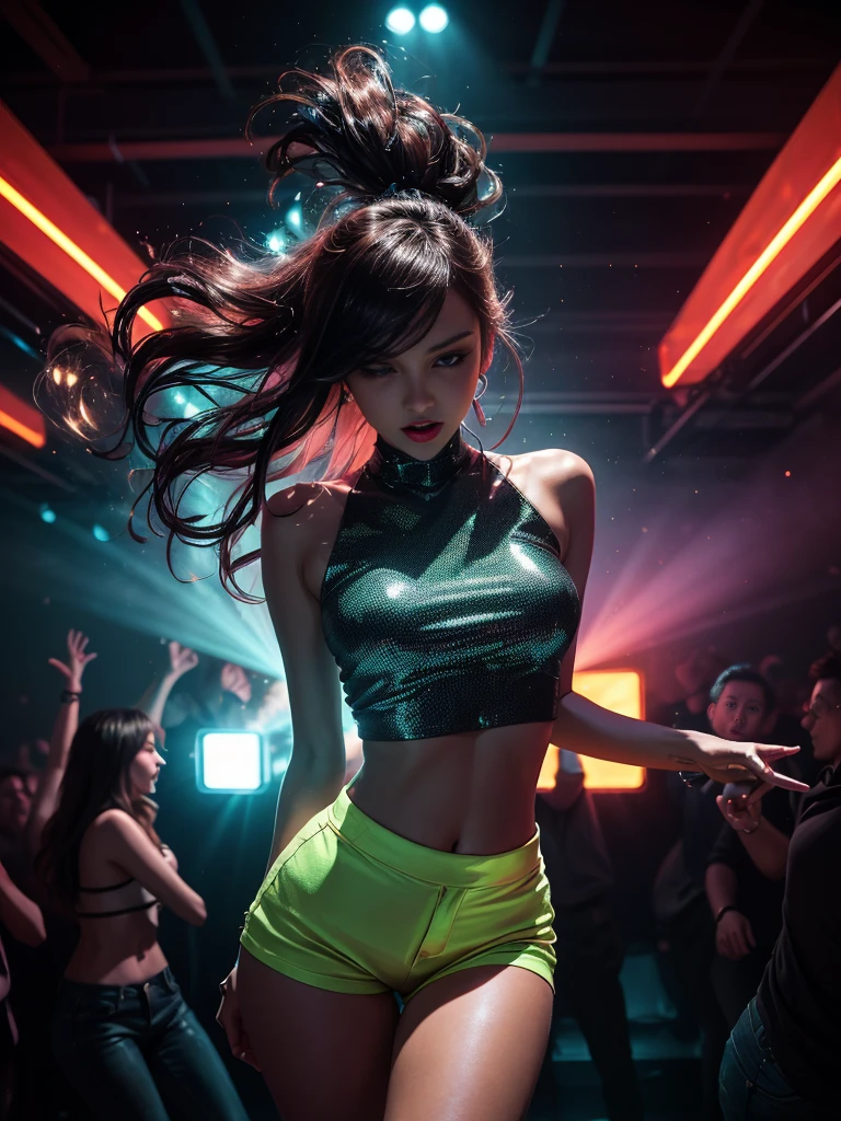 Jenna Ortega,wearing a stunning black outfit,beautiful detailed eyes,beautiful detailed lips,extremely detailed eyes and face,longeyelashes,curly hair,confident expression,energetic moves,full of joy and excitement,dancing in a crowded,dark underground club,with pulsating neon lights,bursts of colorful laser beams,smoke-filled atmosphere,high-energy electronic music,people in vibrant costumes,moving lights,flashing strobes,disco balls,people cheering and dancing,rhythmical movements,energetic ambiance,overwhelming sensory experience,best quality,4k,8k,highres,masterpiece:1.2,ultra-detailed,realistic,photorealistic:1.37,UHD,studio lighting,vivid colors,bokeh,portrait