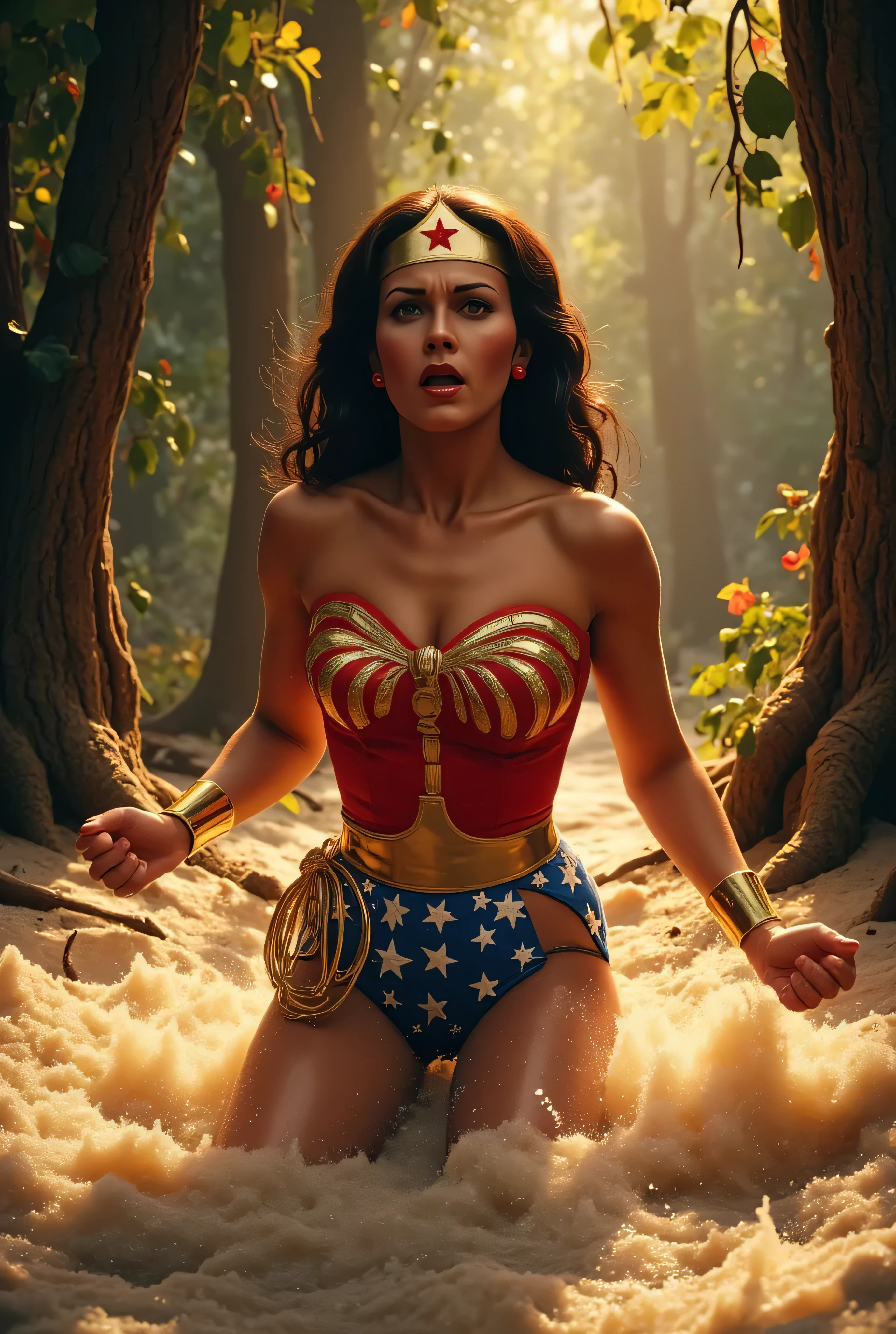 ¾ body of Wonder Woman (Lynda Carter style), sinking waist-deep in thick quicksand, arms pushing upward in struggle, alarmed expression, jungle vines and golden sunlight filtering through trees behind her, glowing lasso tangled at her side, high-detail, 4K, HDR natural lighting.

