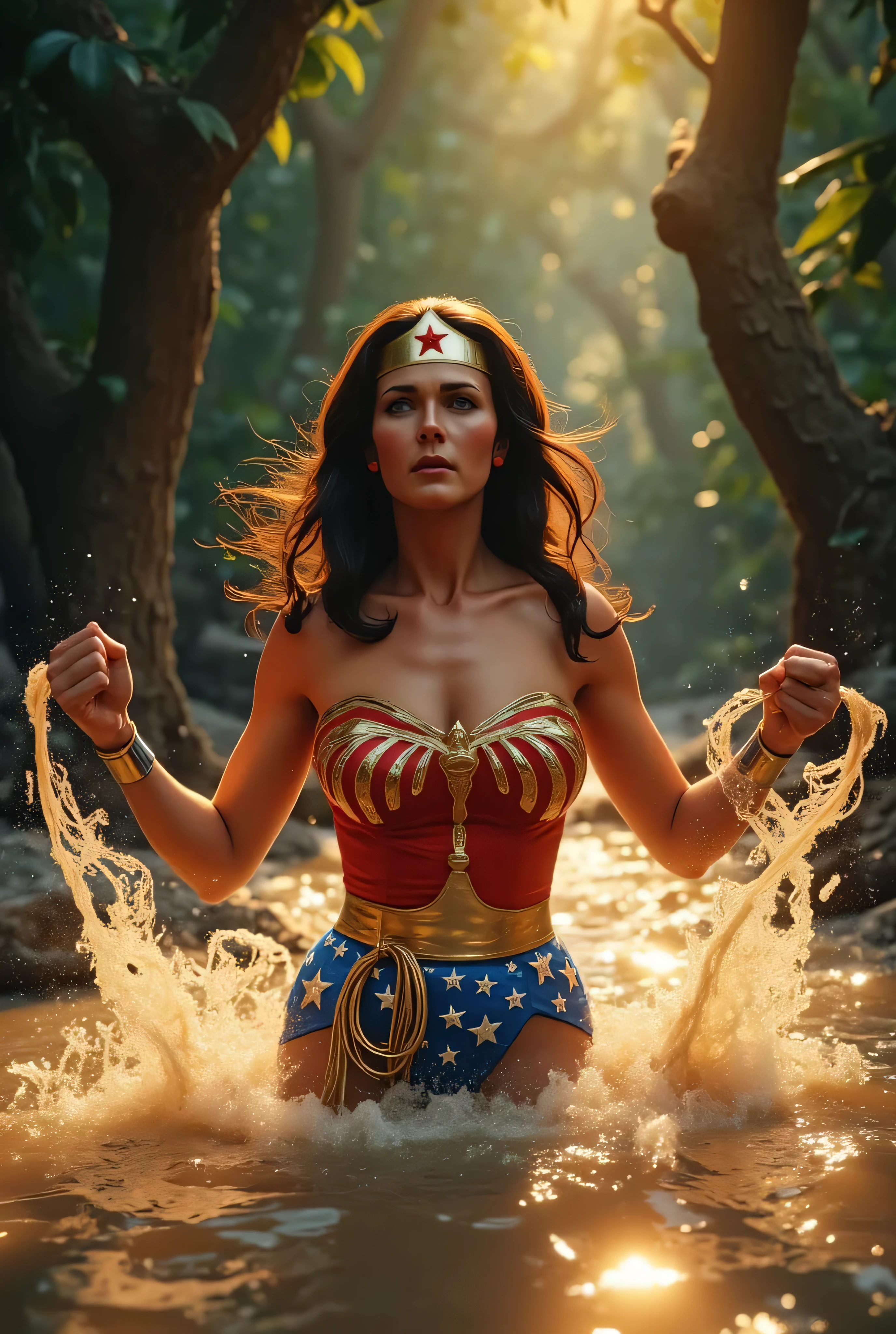 ¾ body of Wonder Woman (Lynda Carter style), sinking waist-deep in thick quicksand, arms pushing upward in struggle, alarmed expression, jungle vines and golden sunlight filtering through trees behind her, glowing lasso tangled at her side, high-detail, 4K, HDR natural lighting.