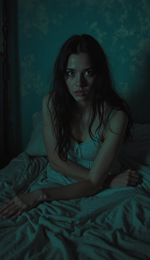 Lucy Westenra in a White shroud in the night in a dark bedroom laying in a canopy bed, a dark threatening menacing Shadow with Red eyes in the background,Highgate cemetary, dark gothic athmosphere, made from Francis Ford Coppola