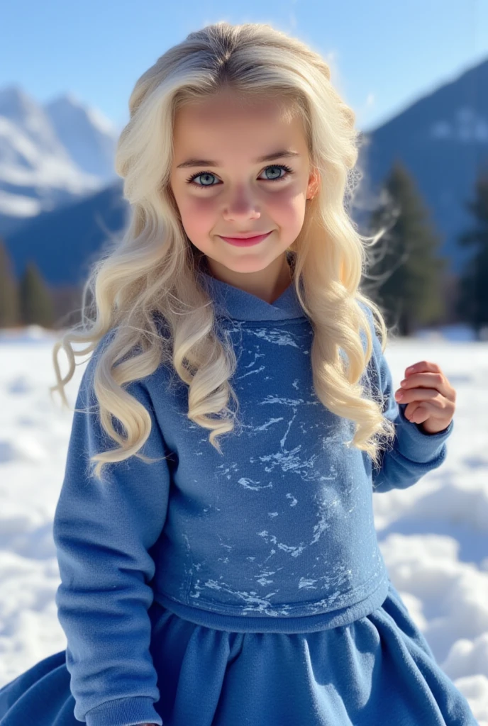 Make an image of a blonde with blue eyes with curly hair like angels in black leggings and barefoot and she is the most beautiful in the world and she is 12 years old
