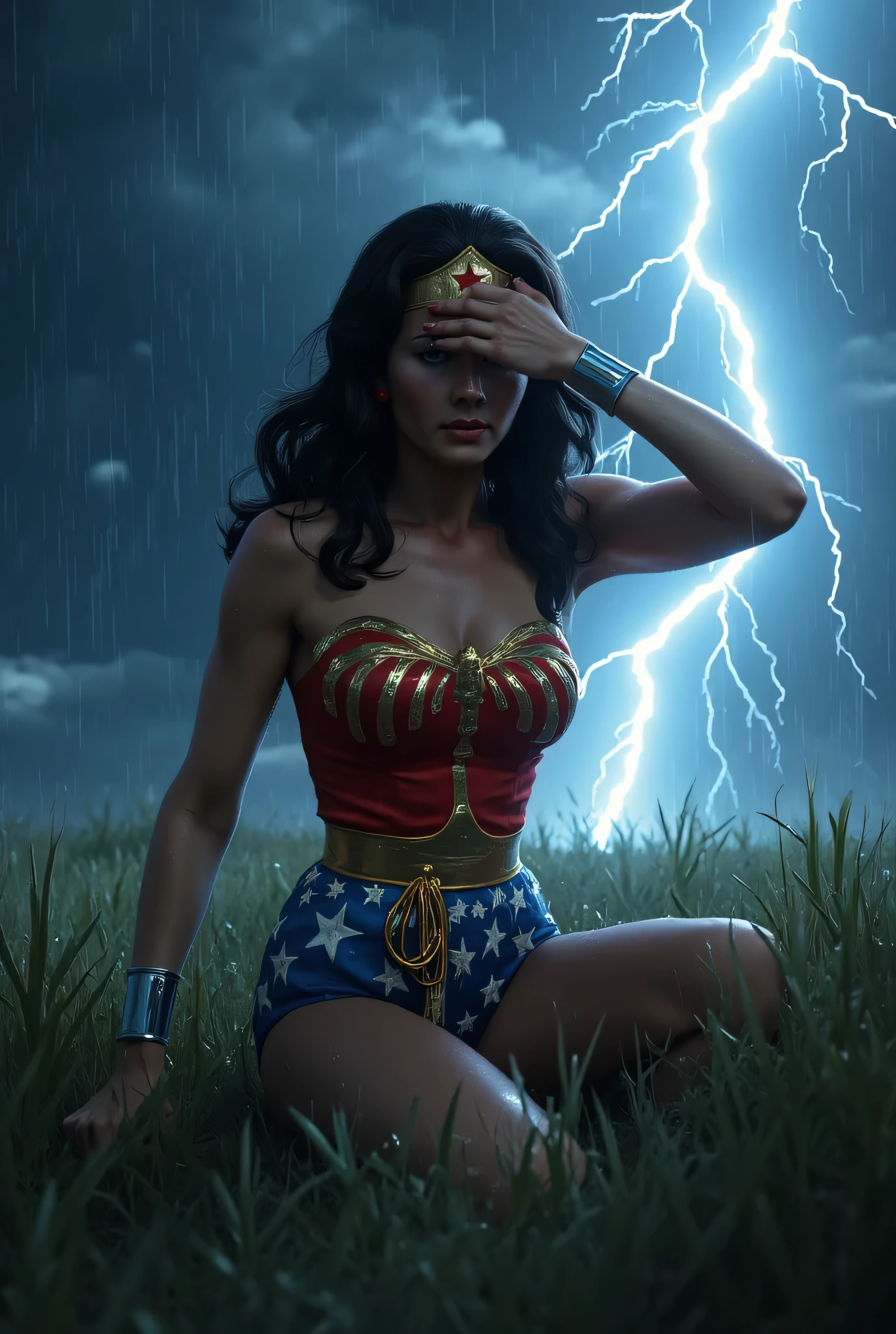 ¾ view of Wonder Woman kneeling in a grassy field under a lightning-filled sky, soaking wet from rain, hair stuck to her face, torn costume, golden lasso trailing in the mud, one hand shielding her eyes from the storm, HDR sky lighting, ultra-realistic, 4K resolution.