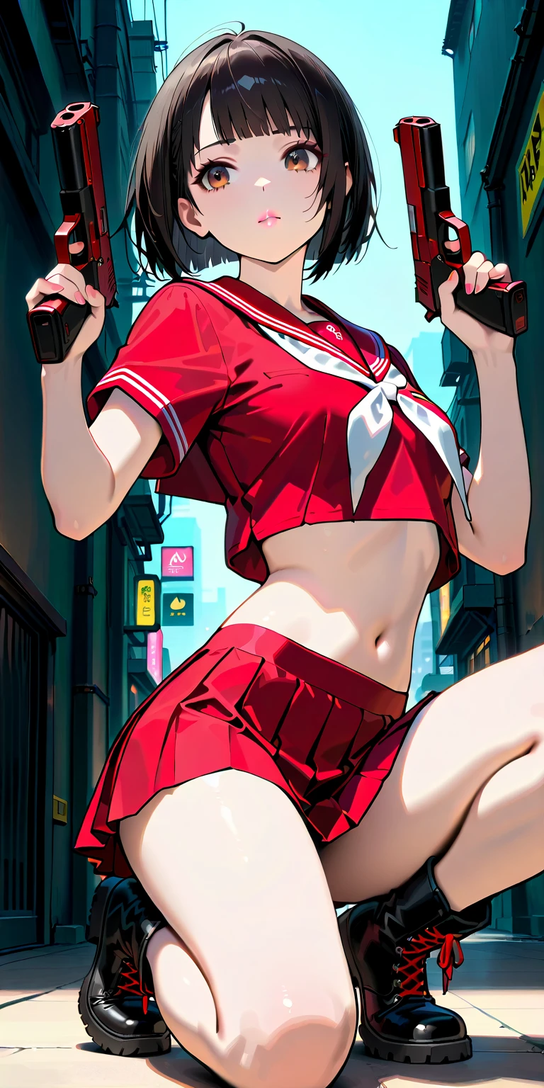 sticker, happy girl wearing blue mini skirt with red top , vector ,white background , (topless:1.4), nipples, (skimpy short skirt:1.4)