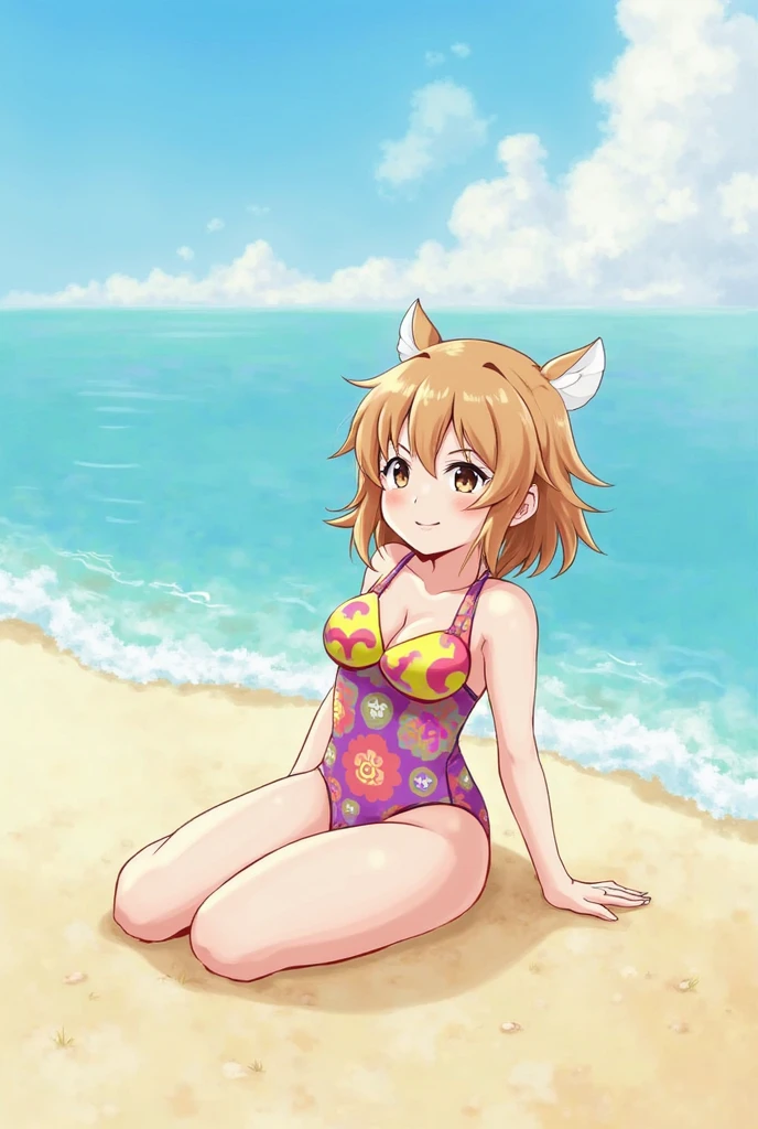 (hyperrealistic), a fox girl with a white fox tail, Sarah Fox, blonde with ponytail, detailed purple eyes, happy, waving at viewer, purple camouflage bikini, trained body, medium breasts, standing at the beach