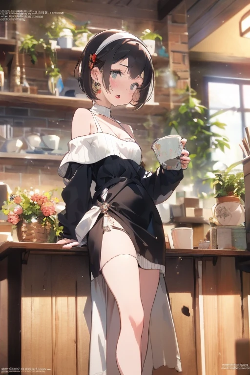 Cool beauty，Looks sweet，ponytail hairstyle, (only wearing white dark green apron, off-shoulders), show clavage, show big thigh, huge breast, side view, full body photo, standing on kitchen. Dark background, in a coffee shop