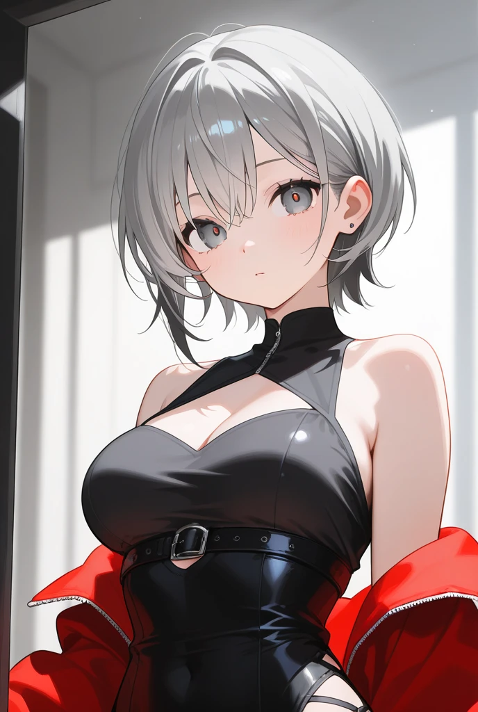 ((best quality)), ((masterpiece)), (detailed), 4K quality,Ultra HD,Perfect face white hair,Red eyes,White shirt,Black corset,Black hip skirt,sweat,Gray background,short hair,Hair intact
