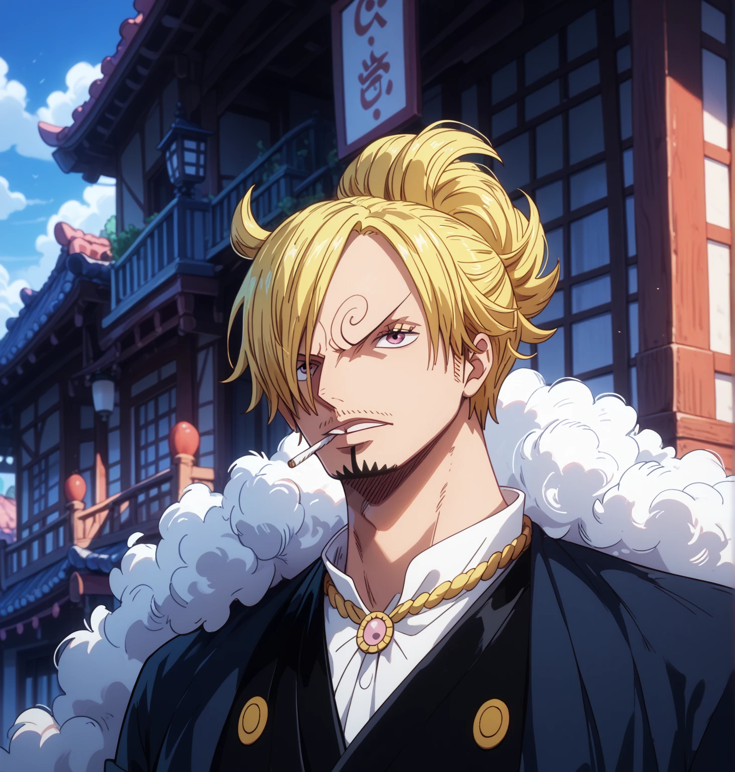 sanji (one piece), solo, 1boy, male focus, facial hair, rain, goatee, cigarette, blonde hair, hair over one eye, smoking, wet, cape, shirt, short hair, upper body, ((medium quality)), ((medium quality))