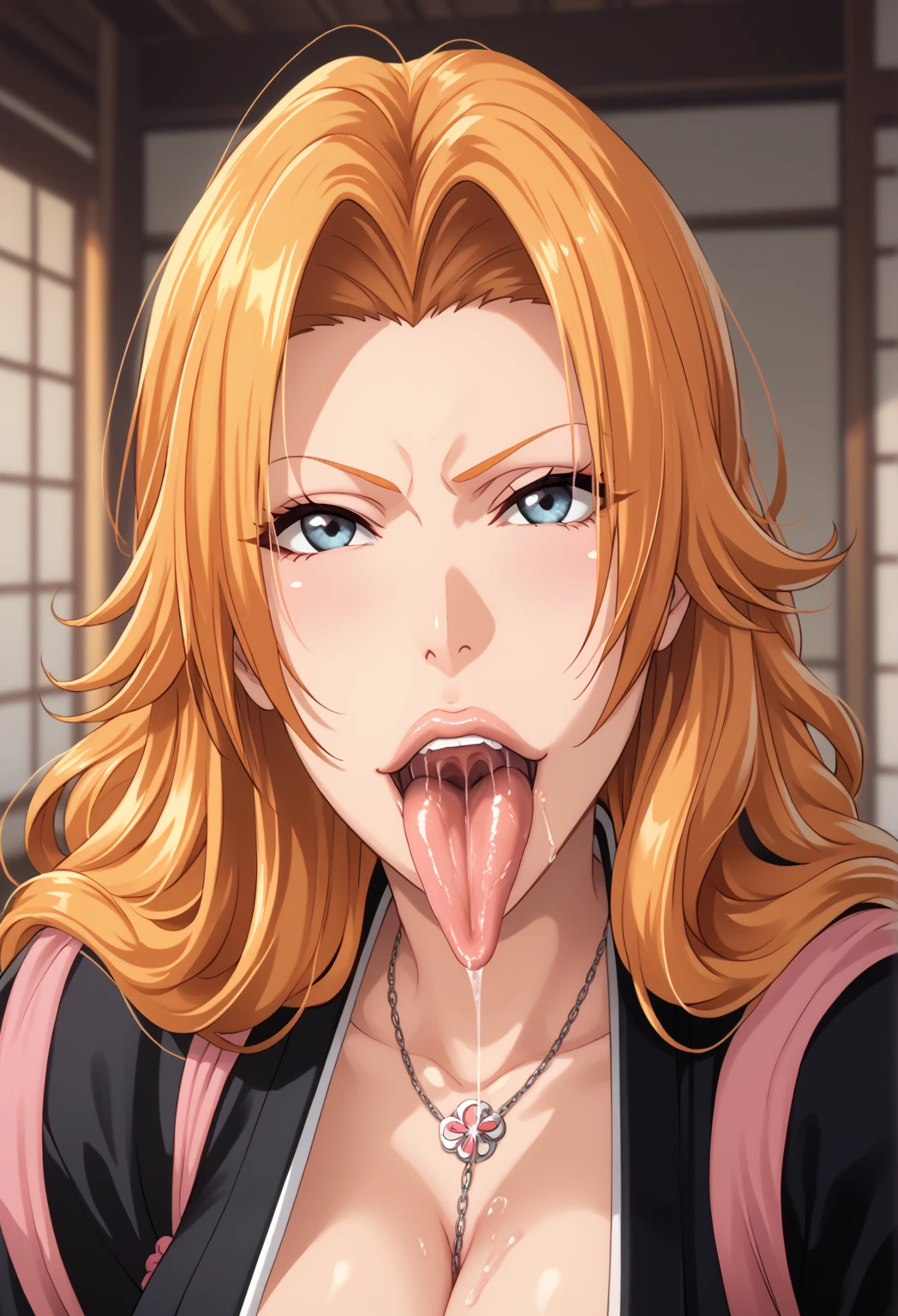 ((highest quality)), ((masterpiece)), (detailed), (Perfect Face)、(The woman is Princess Leona, with long, straight, light brown hair that she has down, a slender figure but a normal chest, a gentle smile, and is in a luxurious samurai mansion. The woman is naked and wearing luxurious accessories such as earrings, a necklace, and bracelets.)、Husband and wife are naked, woman is holding dick and giving blowjob, man gives himself to wife, husband is 60 years old, wife is 32 years old、The man is a naked, dignified, bearded man named Oda Nobunaga, who has his penis between his legs sucked by a woman and ejaculates a large amount.、The woman smiles, looks up, and lovingly takes the penis covered in semen and saliva in her mouth and performs a blowjob with her tongue.
