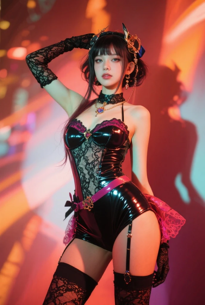 sexy Thai model who controls poison、smiling face、lipgloss、long lashes、gothic makeup、look at the camera、full body Esbian、、sparkling poisoned flower costume、、、、sparkling Colorful short hair、secrete poison、skull hair accessories、ultra detailed tights、shiny sparkling flowers background