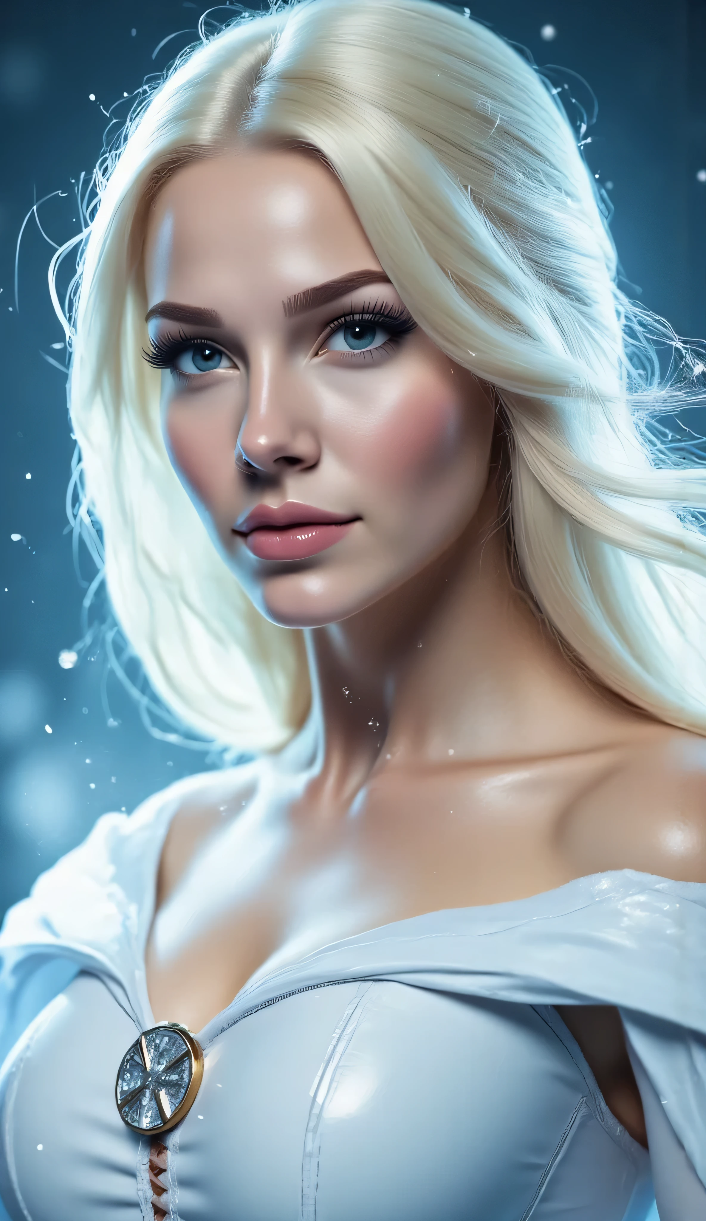 Emma Frost, medium close-up portrait, elegant and confident, platinum blonde hair flowing past her shoulders, piercing icy blue eyes, perfect pale complexion, subtle glossy lips, soft skin glow — depicted in various iconic comic costumes, each with its own distinct mood and backdrop: