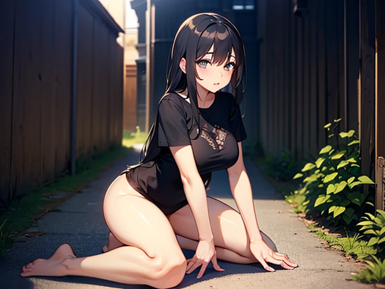 Japanese women、Black Hair、Short Bob、Visible nipples、Large size breasts、K cup breasts、Huge breasts、Painful face、it hurts、Woman urinating in a back alley、Sweat、Black Swimsuit、barefoot、On all fours、Spread your legs、Spread your legs、Electric shock、Thick eyebrows、Asphalt ground