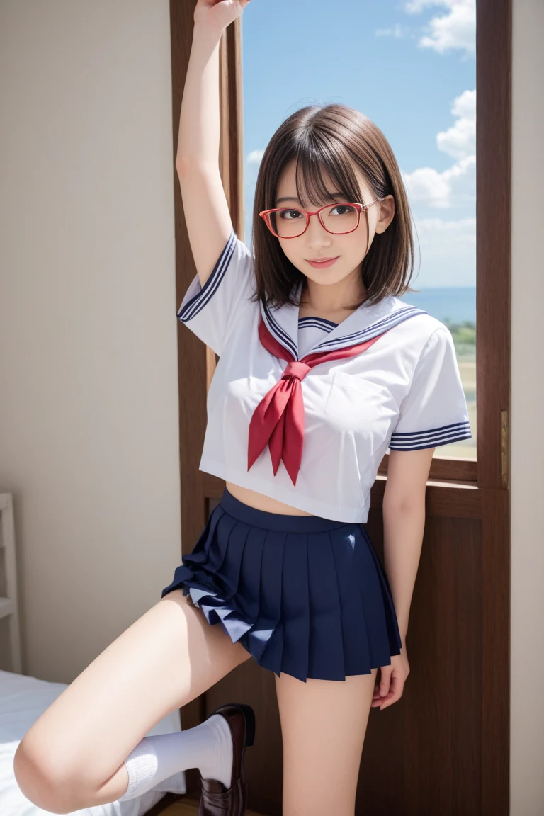 girl standing and unbuttoning near window in school classroom,long-sleeved sailor shirt with red bow tie,white panties,18-year-old,bangs,a little smile,thighs,knees,short hair and low ponytails with barrette,from below,front light