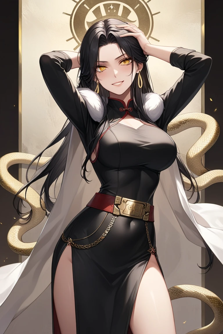 young boy, Long black hair, high ponytail, elf ears, covered eyes, blindfold, open kimono, open torso, flute, Snake, smirk, Masterpiece, hiquality
