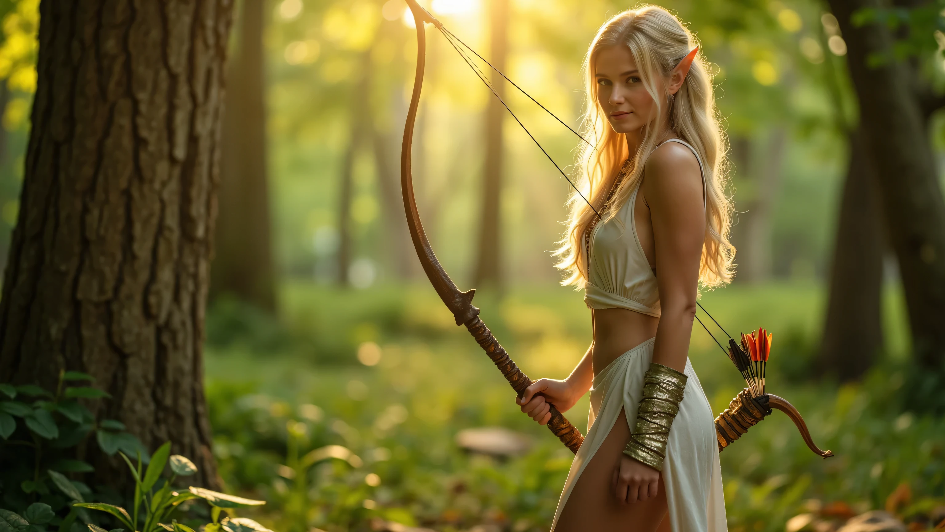 ultra realistic photograph of a light elf woman, with a bow and arrows, slender figure, delicate facial features, piercing gaze, flowing hair, elegant posture, graceful movements, standing in a lush forest clearing, shafts of warm sunlight filtering through the trees, verdant foliage, fallen leaves, detailed textures, 4K, HDR, professional studio lighting, photorealistic, hyper detailed, vibrant colors, natural tones