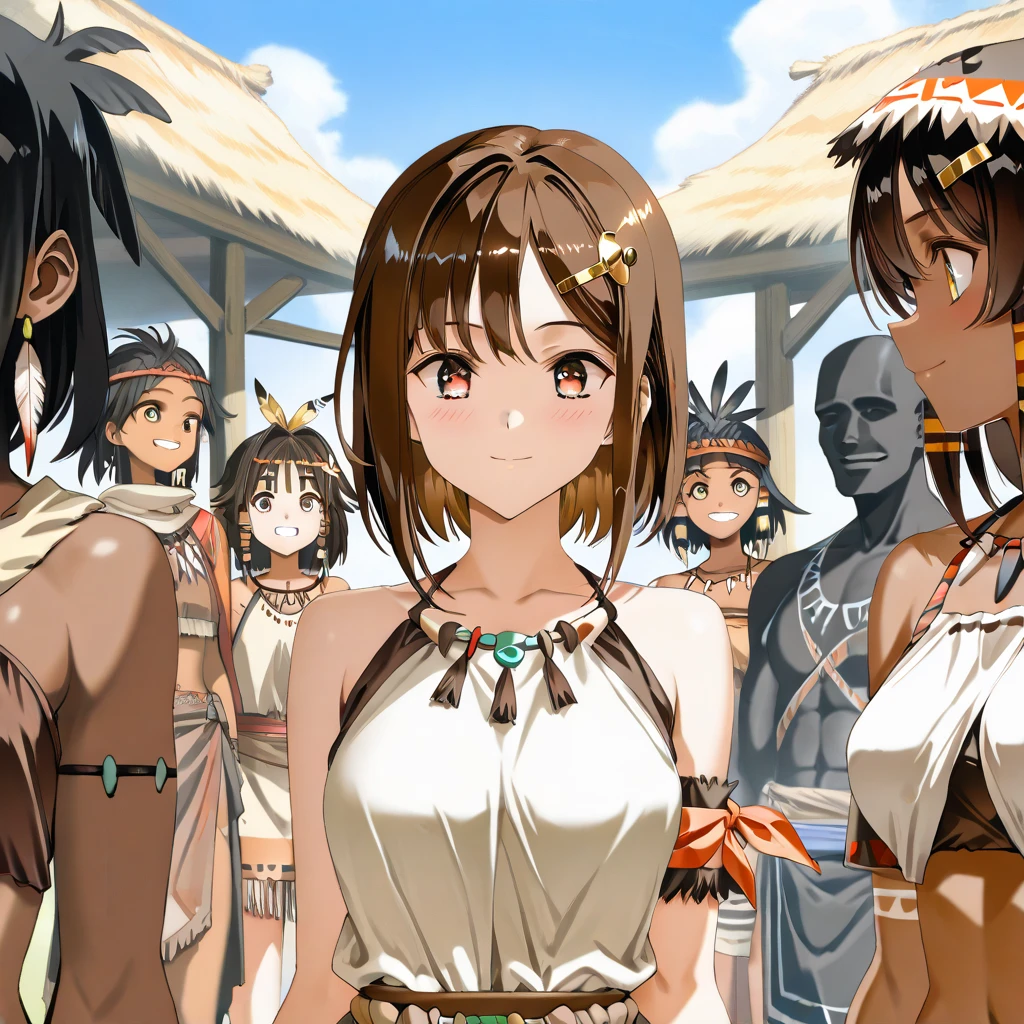 ((Highest quality)), ((masterpiece)), (detailed), (Perfect Face)、Asuna Yuuki, a female with medium-long light brown hair, is forced by black-skinned native African tribal village to wear tribal clothing, have her hairstyle changed to look like the tribe's, wear tribal accessories in her hair, have tribal makeup applied, and have dye applied to her skin to make her look like a black person, and is forced to become a tribal woman.、The woman's appearance became that of an indigenous African tribal woman.